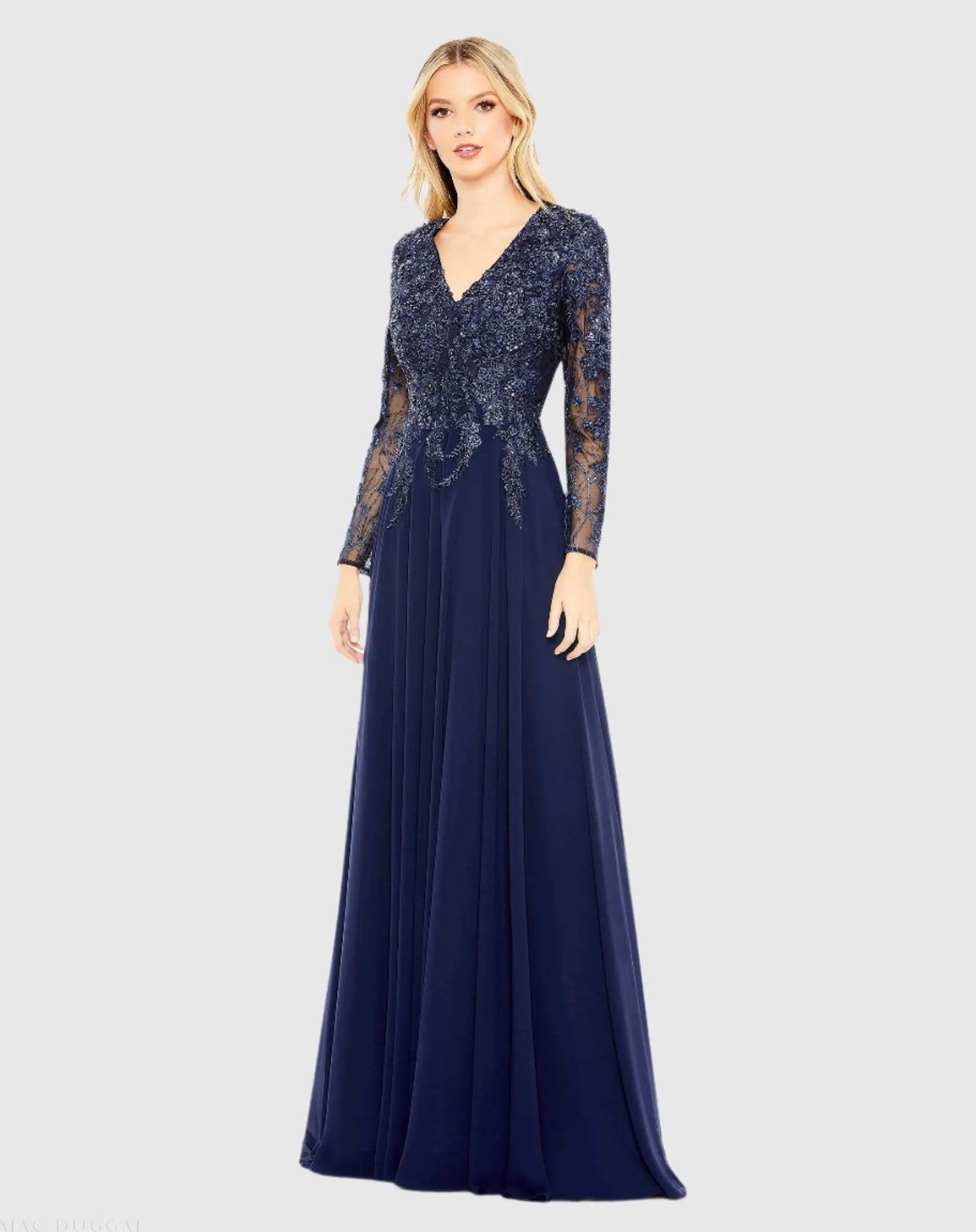 Blue Embellished Illusion V Neck Long Sleeve Gown - Mac Duggal
