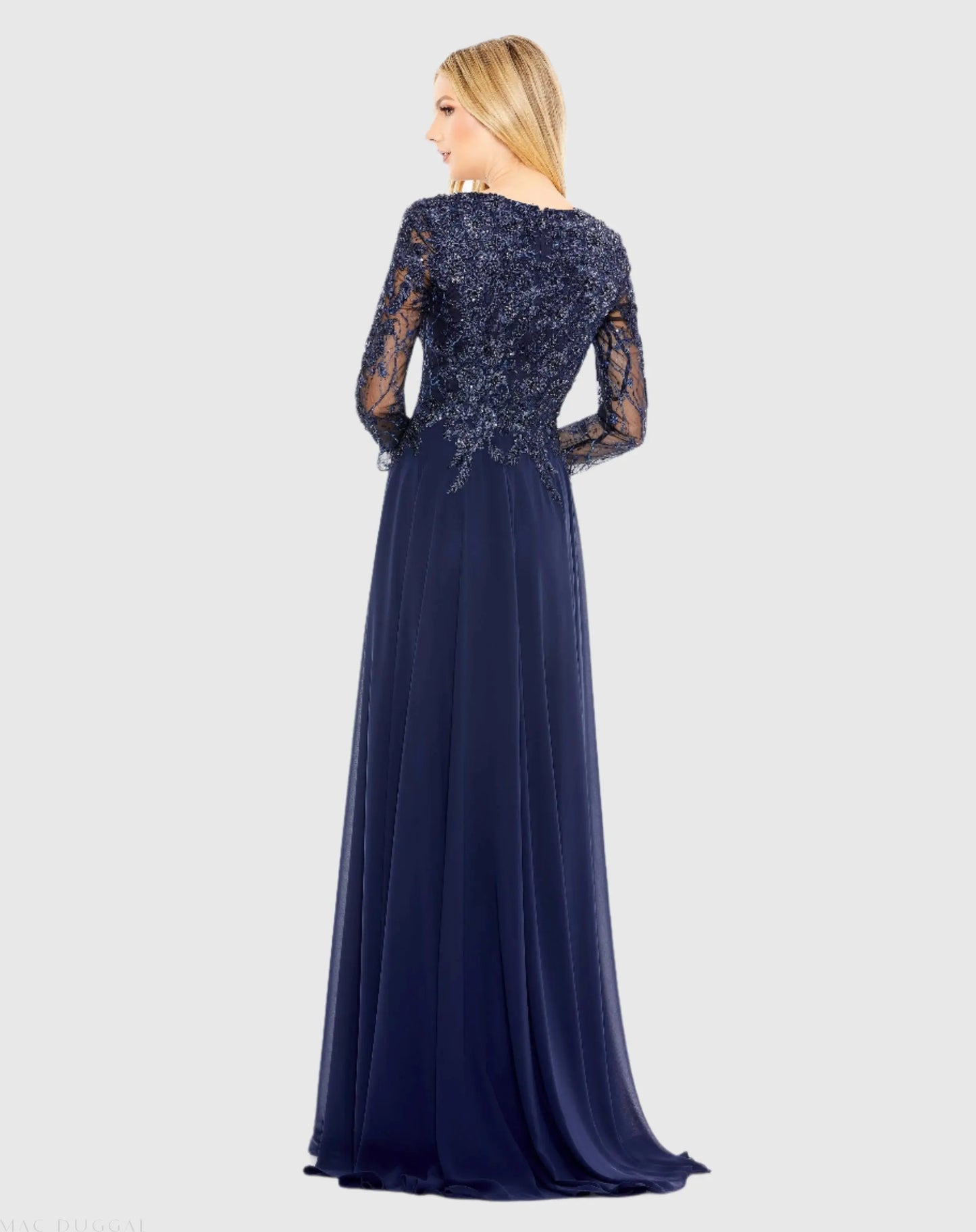 Blue Embellished Illusion V Neck Long Sleeve Gown - Mac Duggal