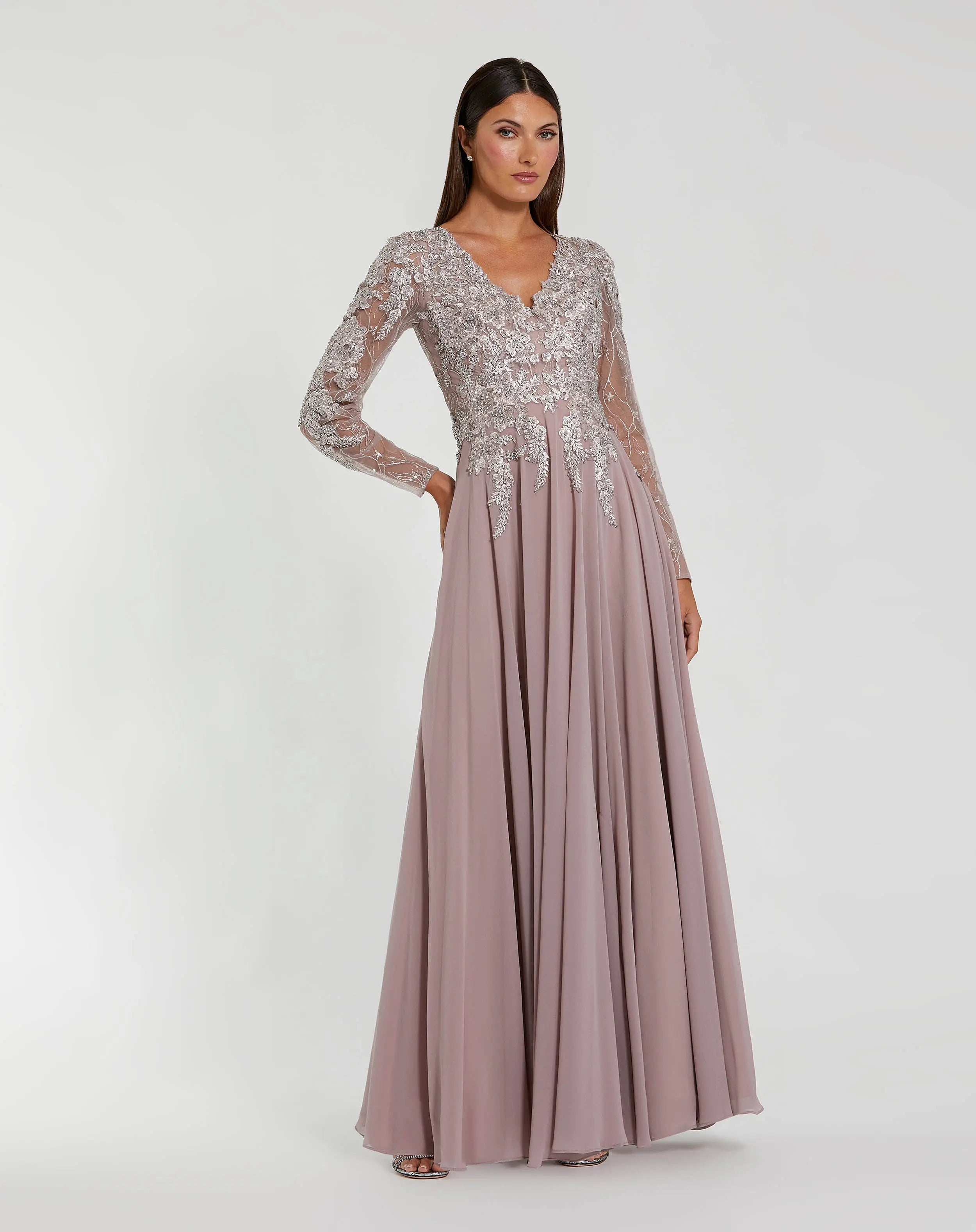 Mac Duggal - Purple Embellished Illusion V Neck Long Sleeve Gown
