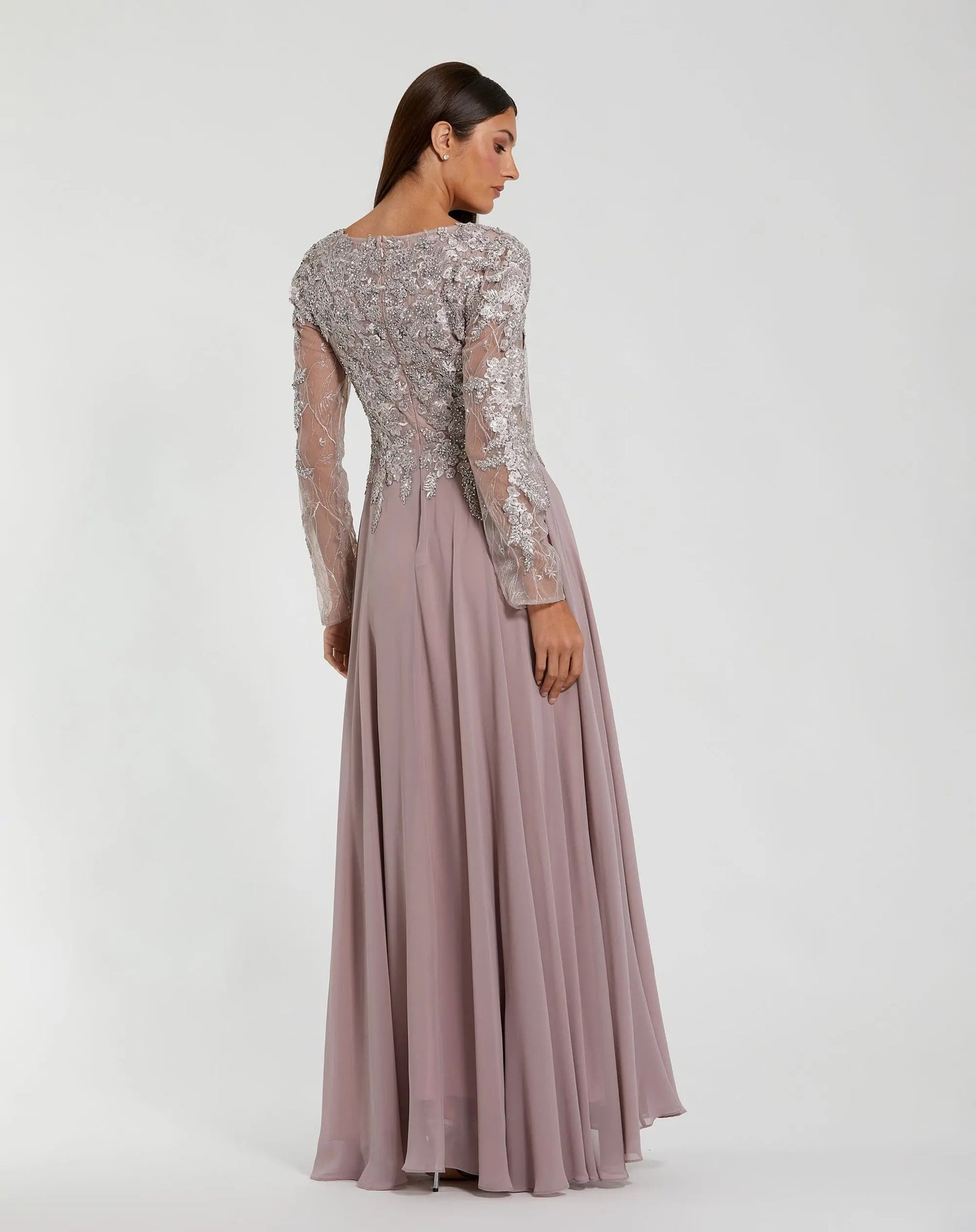 Purple Embellished Illusion V Neck Long Sleeve Gown - Mac Duggal