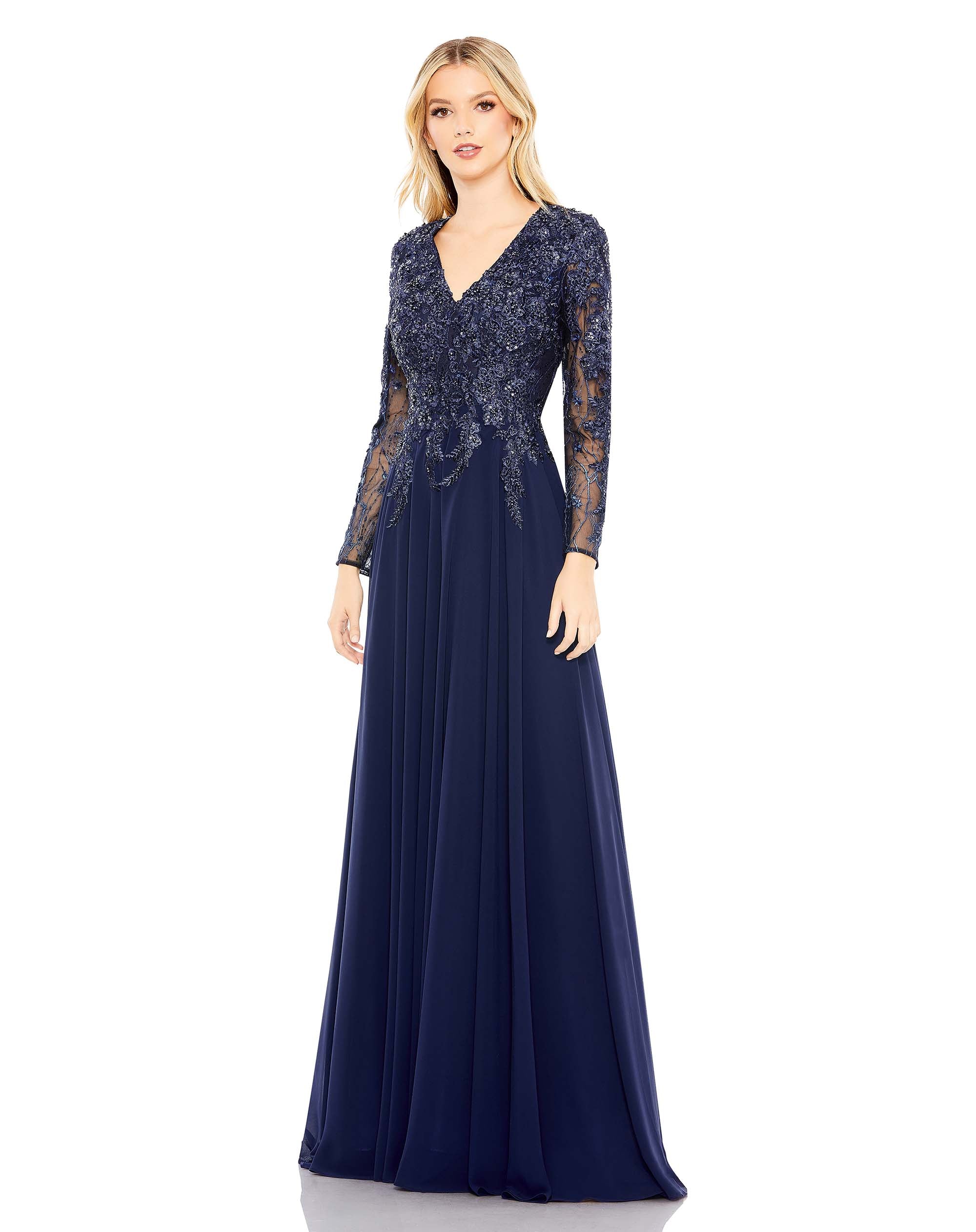Embroidered Illusion Long Sleeve V Neck Gown