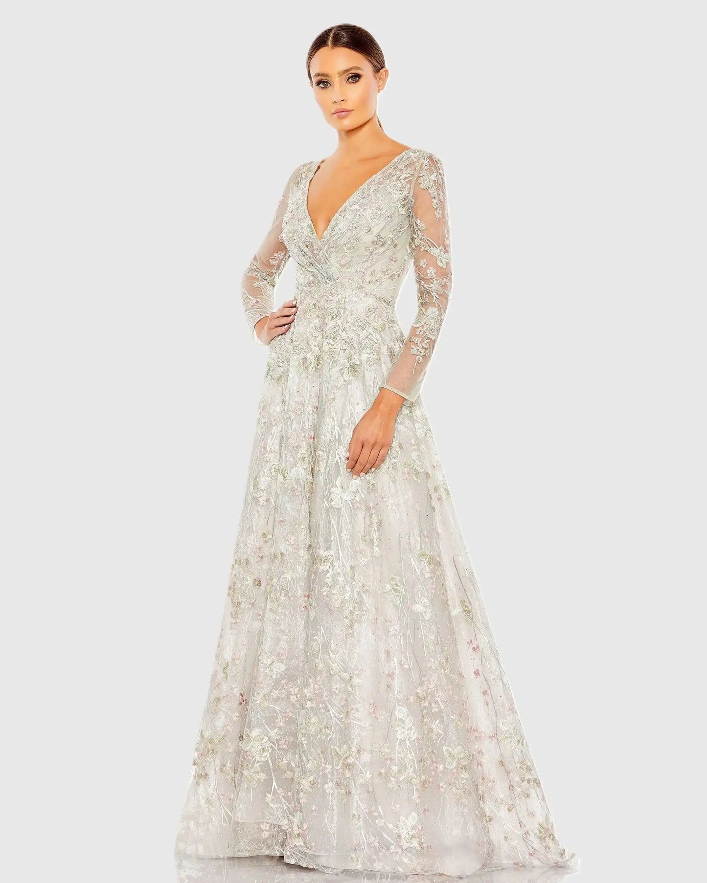 White Embroidered Lace Wrap Over Illusion Long Sleeve A Line Gown - Mac Duggal