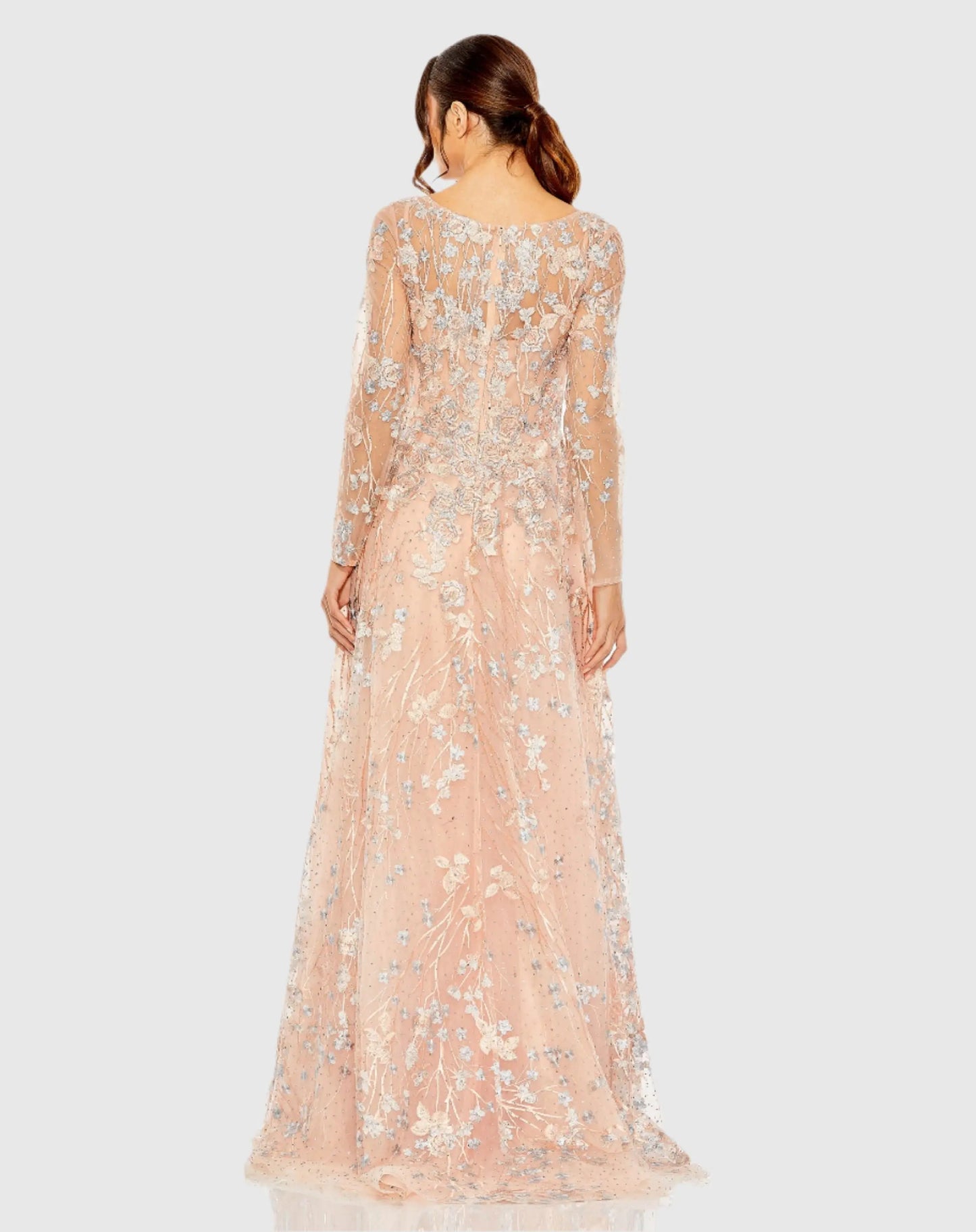 Pink Embroidered Lace Wrap Over Illusion Long Sleeve A Line Gown - Mac Duggal
