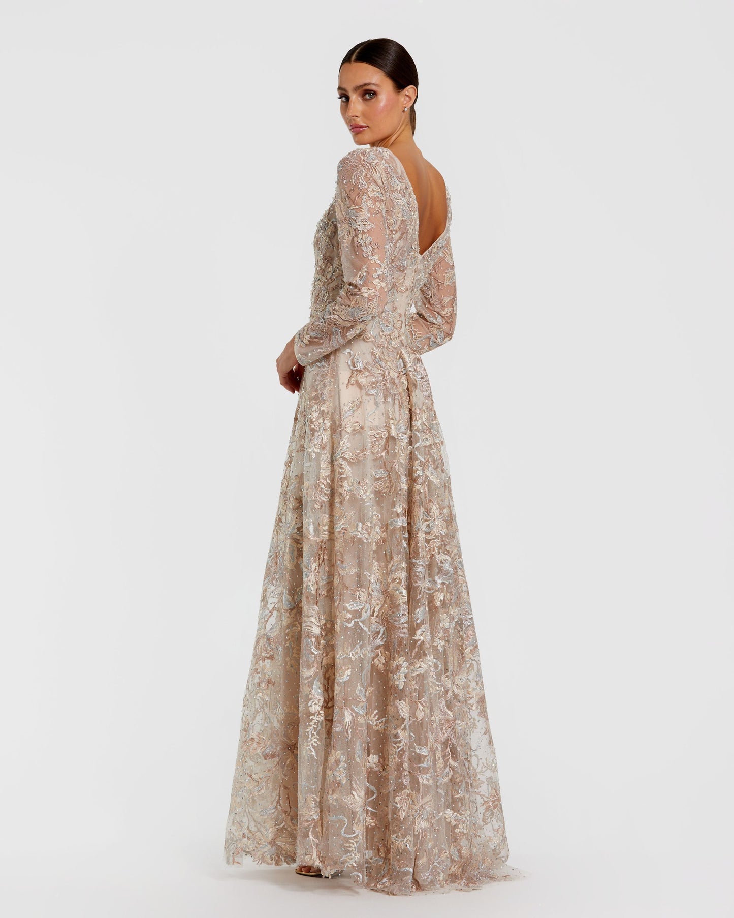 Beige Embroidered Illusion Long Sleeve V Neck Gown Mac Duggal