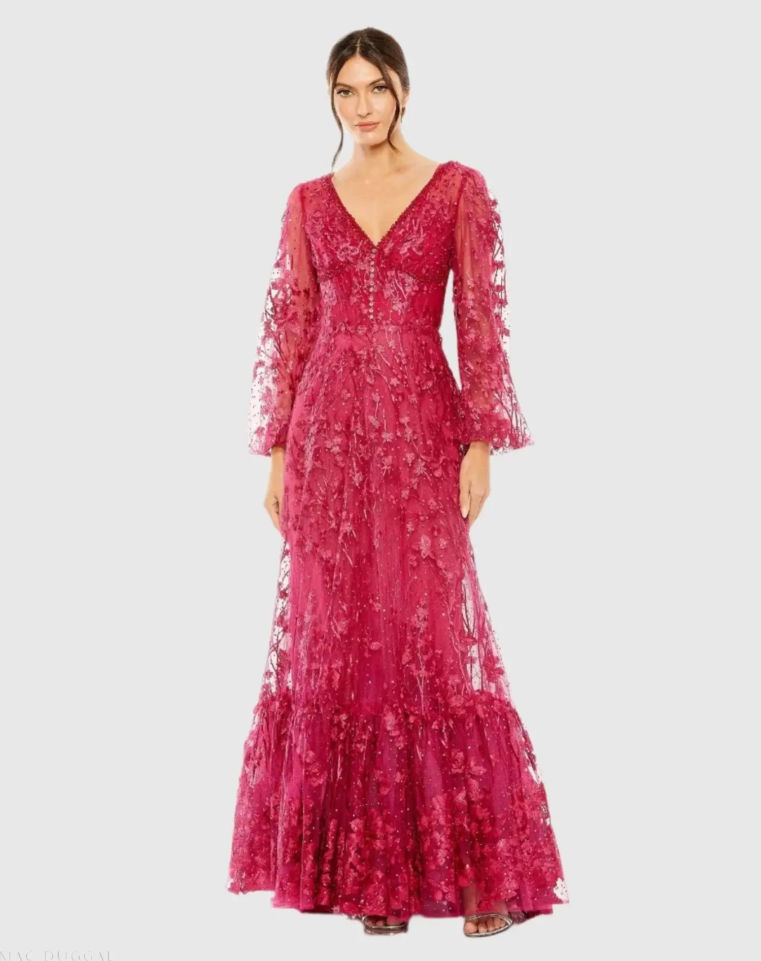 Pink Puff Sleeve A-Line Embroidered Gown - Mac Duggal Pink Puff Sleeve A-Line Embroidered Gown - Mac Duggal