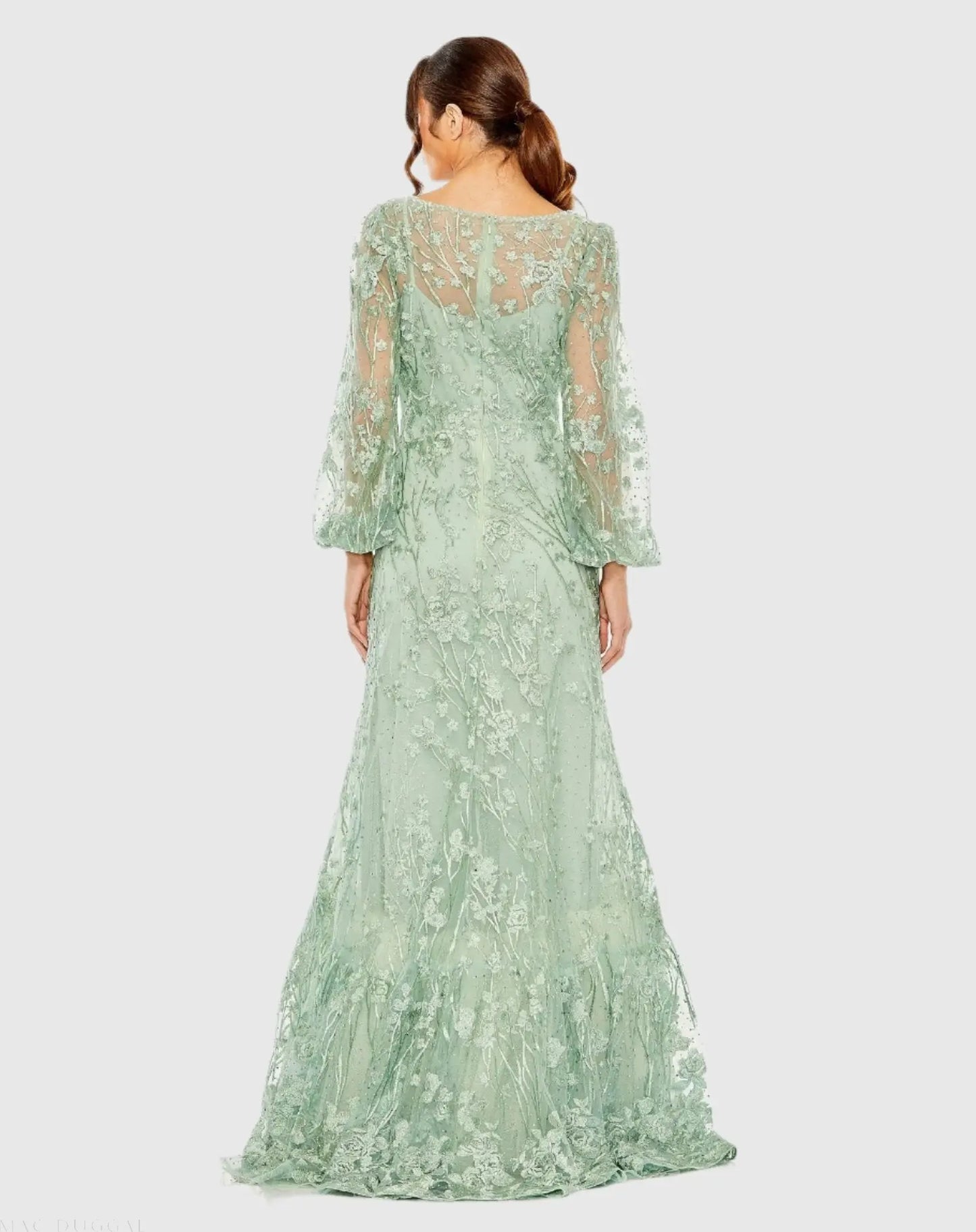 Green Puff Sleeve A-Line Embroidered Gown - Mac Duggal