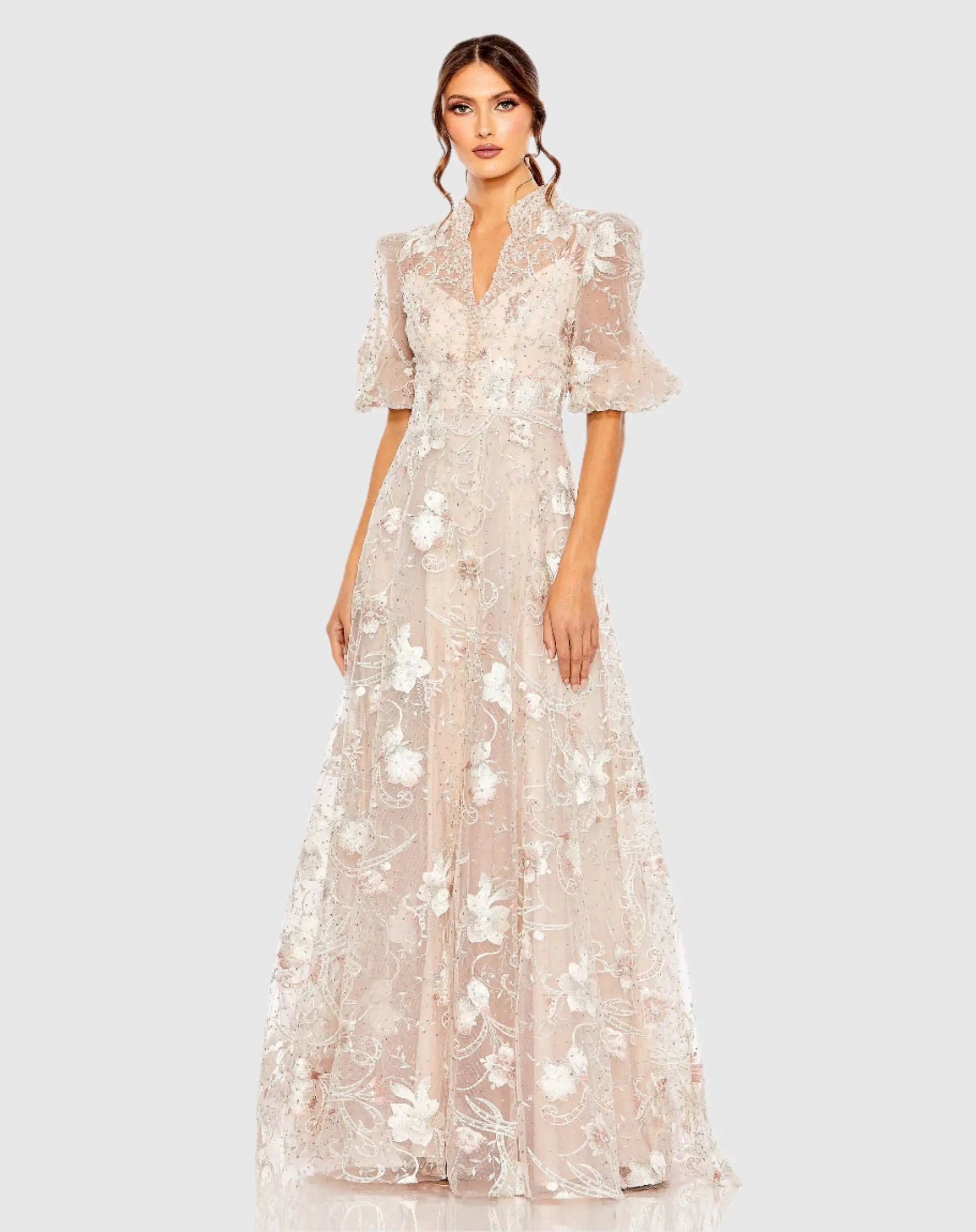 open lace back dress Pink Queen Anne Puff Sleeve A-Line Gown