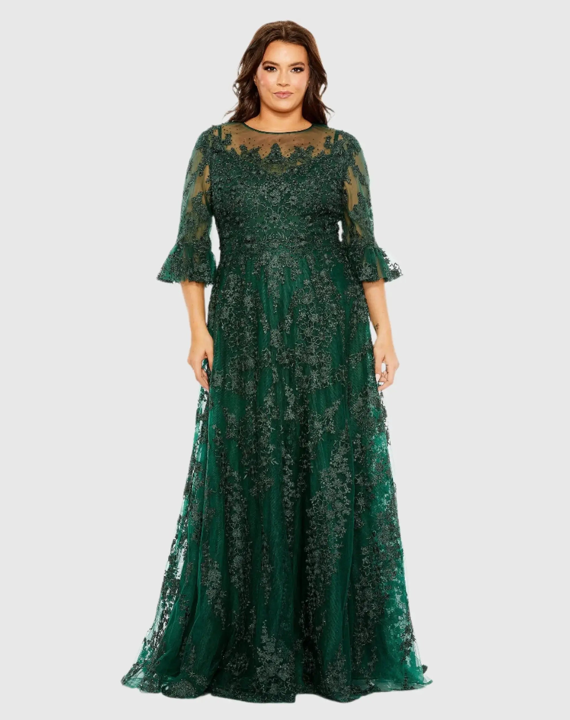 Mac Duggal High Neck Flutter Sleeve Embroidered A-Line Gown - Green Mac Duggal High Neck Flutter Sleeve Embroidered A-Line Gown - Green