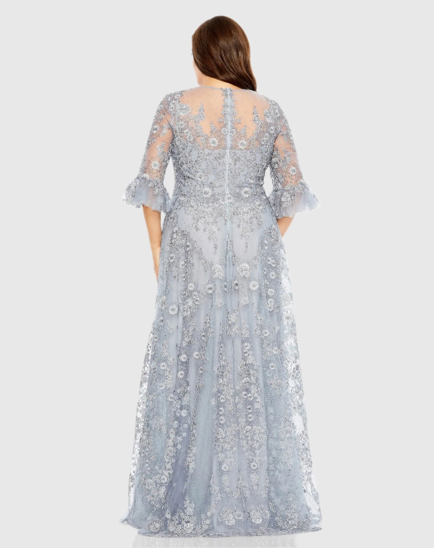 Blue High Neck Flutter Sleeve Embroidered A Line Gown - Mac Duggal