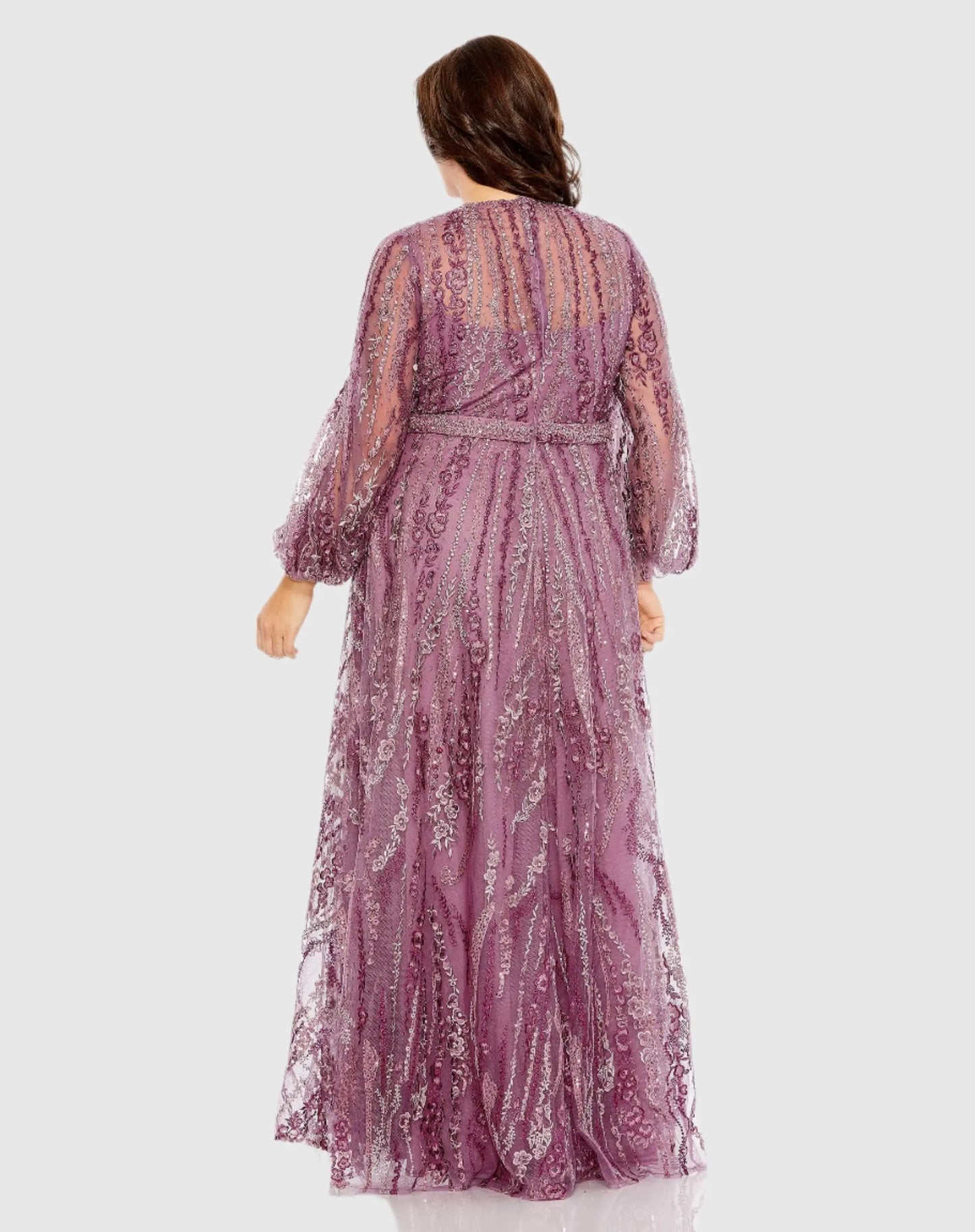 Purple V Neck Puff Sleeve Embroidered A Line Gown - Mac Duggal