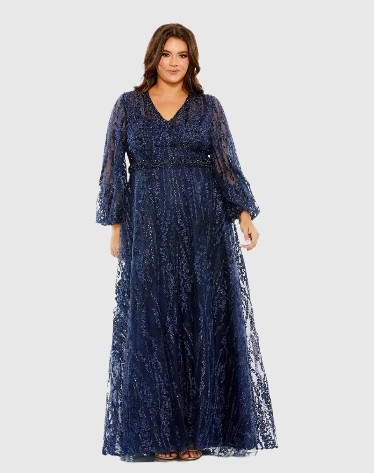 Navy V Neck Puff Sleeve Embroidered A Line Gown (Plus) | Mac Duggal Navy V Neck Puff Sleeve Embroidered A Line Gown (Plus) | Mac Duggal