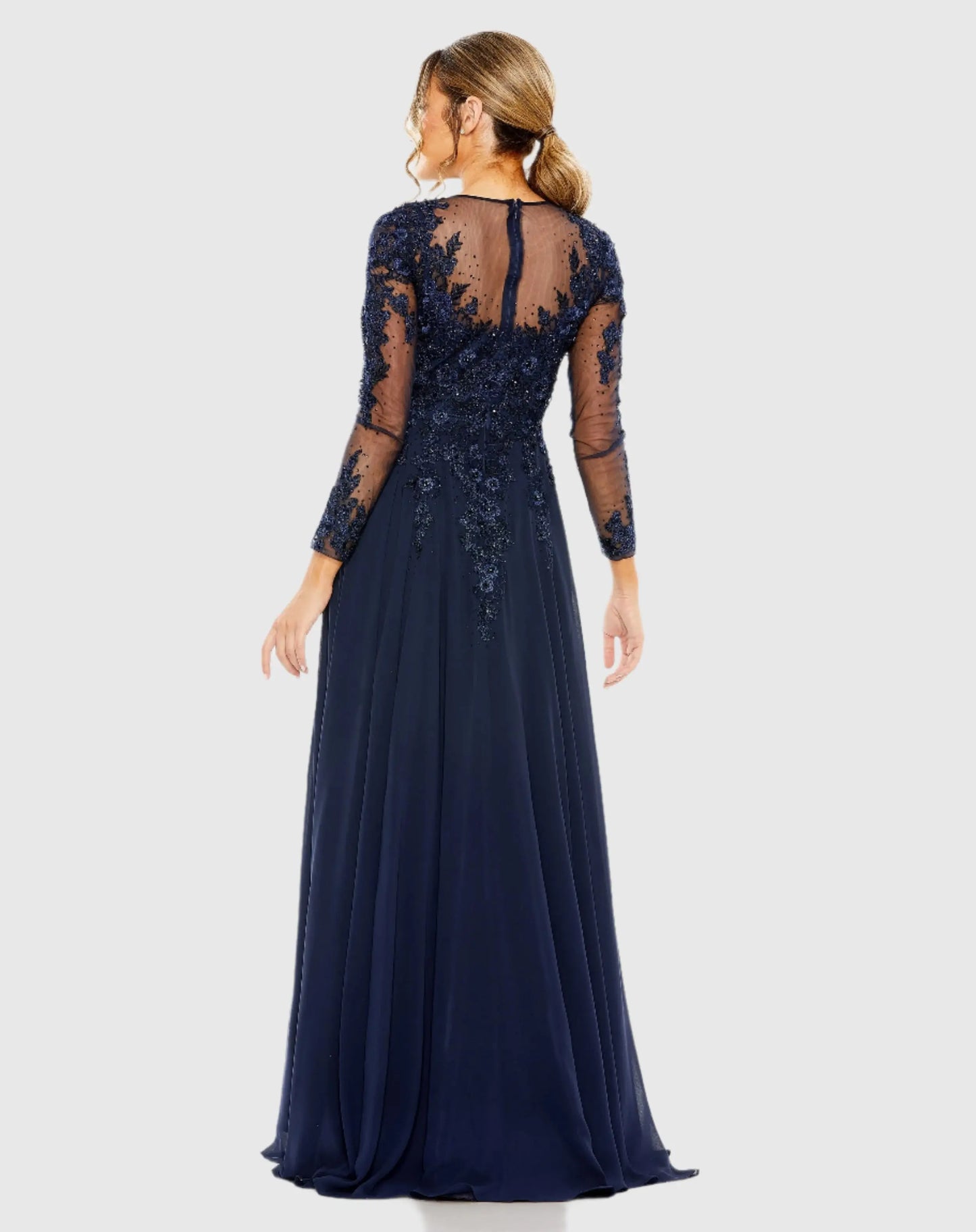 Navy High Neck Mesh Long Sleeve Embellished A Line Gown - Mac Duggal