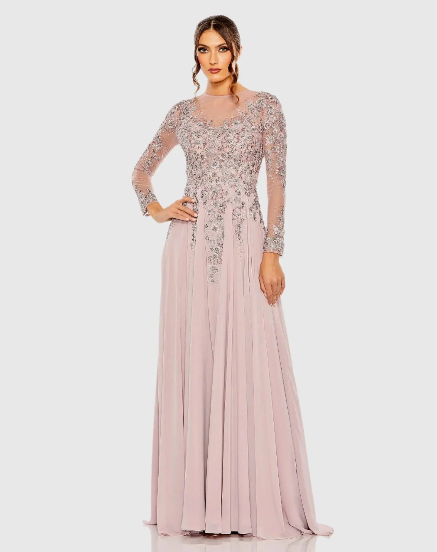 Purple High Neck Mesh Long Sleeve Embellished A Line Gown