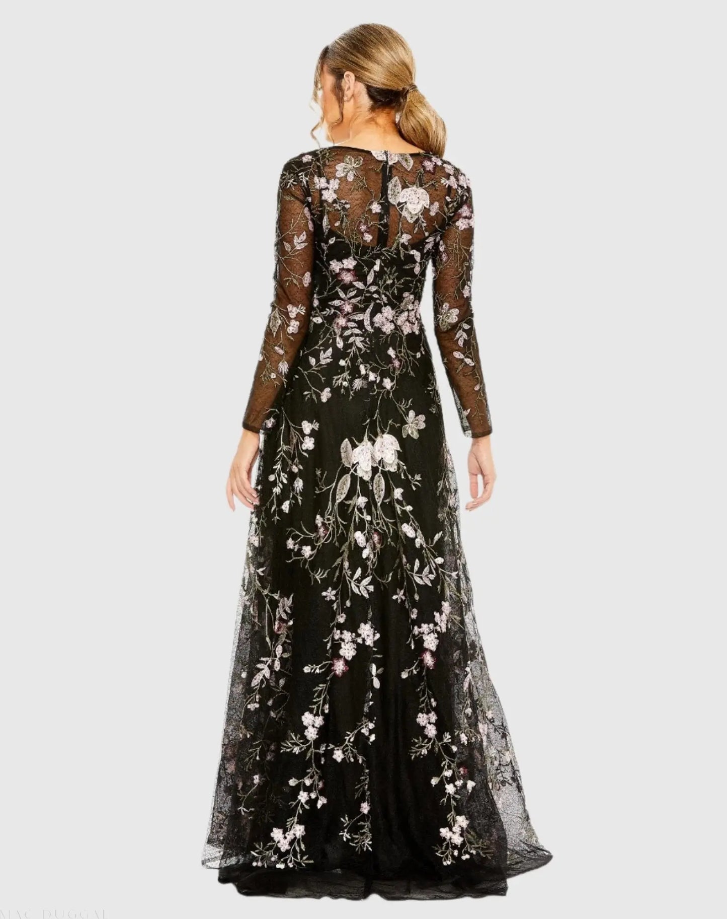 Black V-Neck Long Sleeve Embroidered A-Line Floral Gown - Mac Duggal