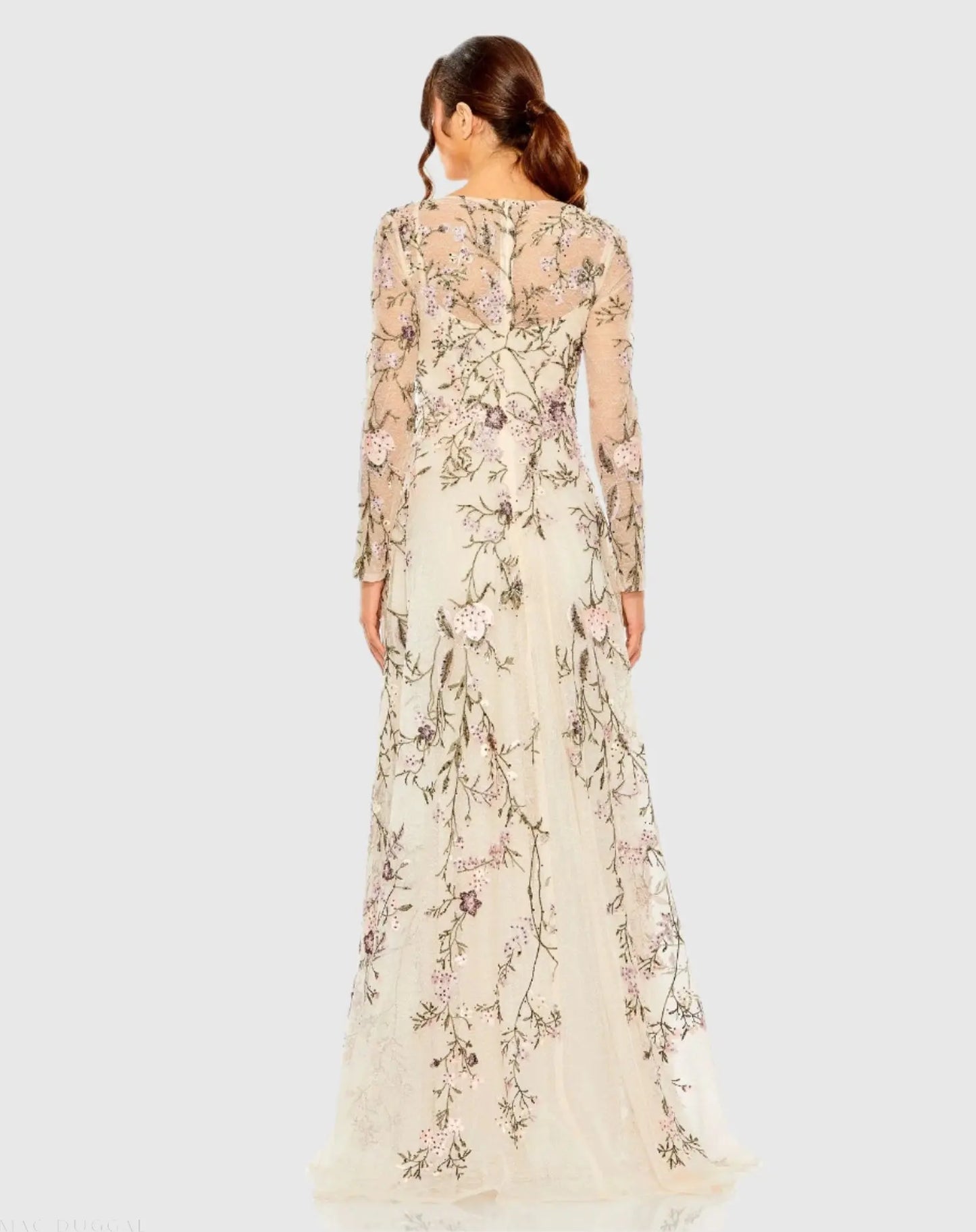 Beige V-Neck Long Sleeve Embroidered A-Line Floral Gown - Mac Duggal