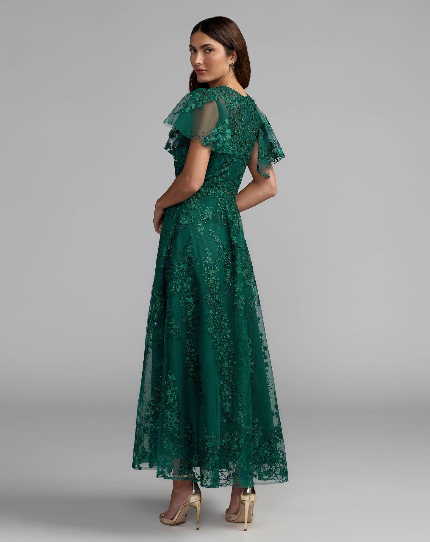 Green Embroidered Flutter Sleeve A Line Dress Mac Duggal