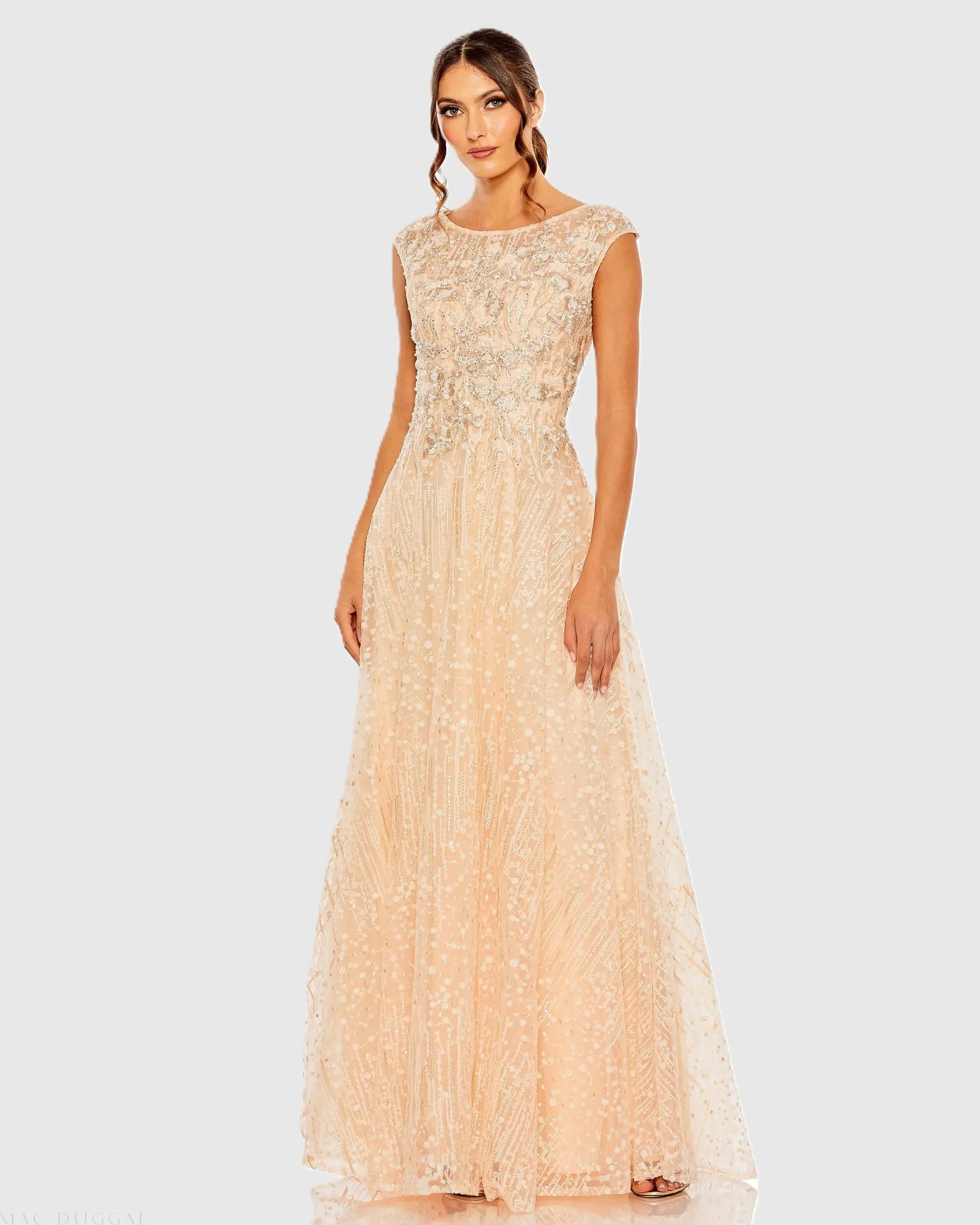 Mac Duggal High Neck Lace Embroidered Gown - Peach
