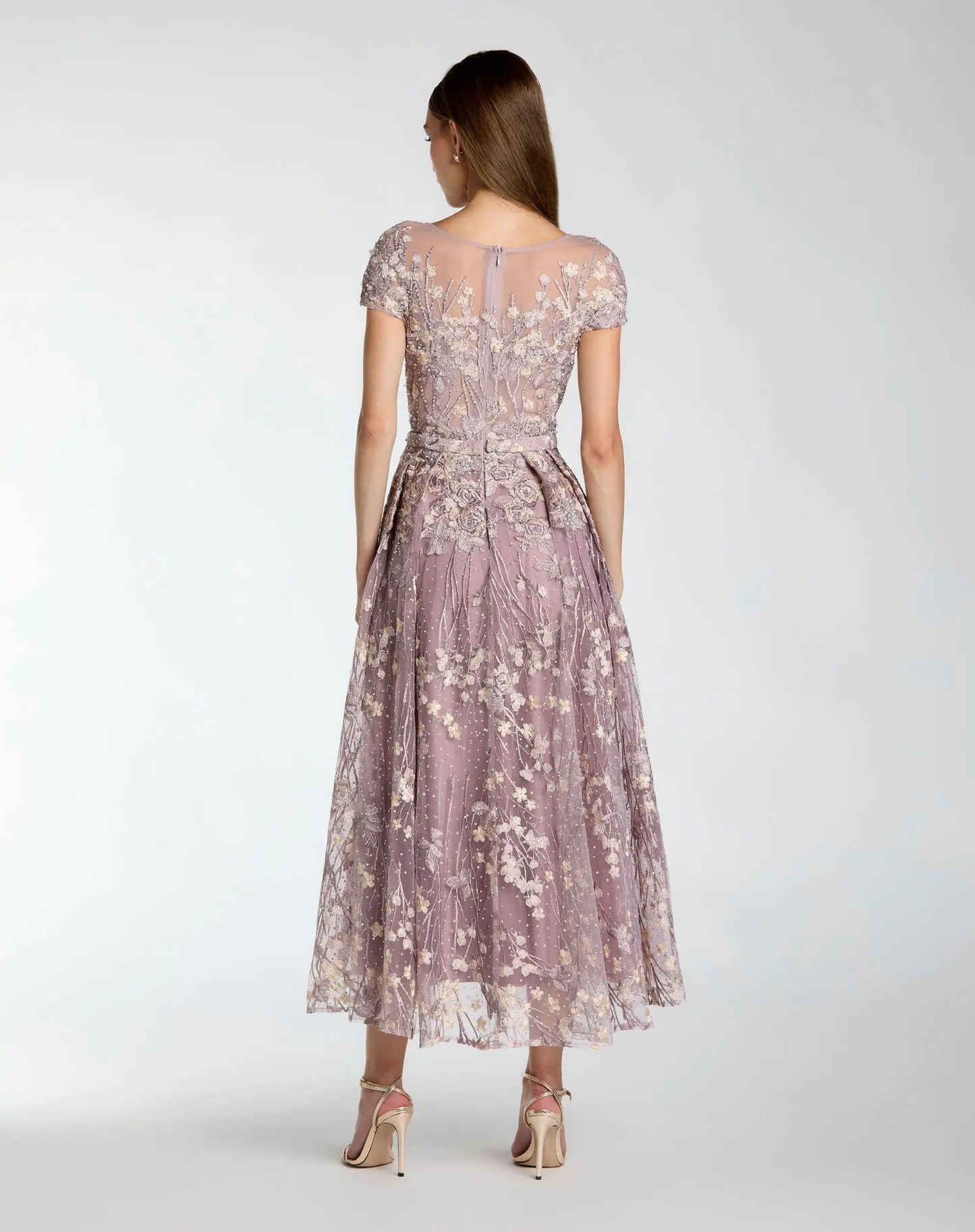 Purple Embroidered Cap Sleeve High Neck Midi Dress - Mac Duggal