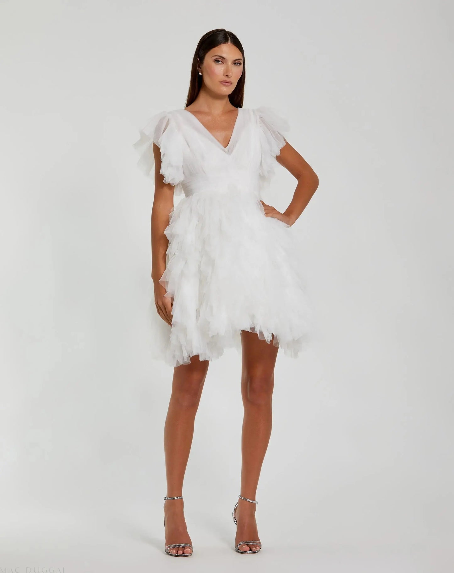 White Flutter Ruffle Sleeve Tiered Dress - Mac Duggal