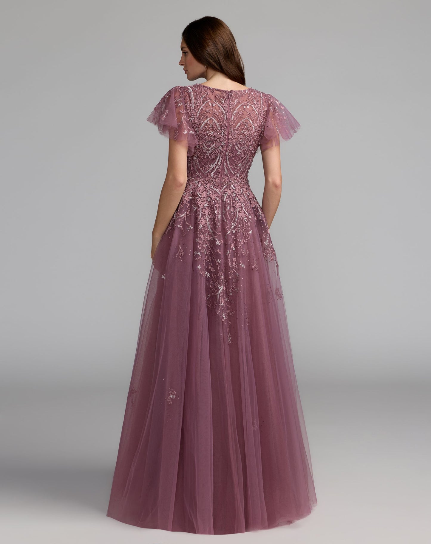 Purple Embroidered Tulle Flutter Sleeve Ball Gown - Mac Duggal