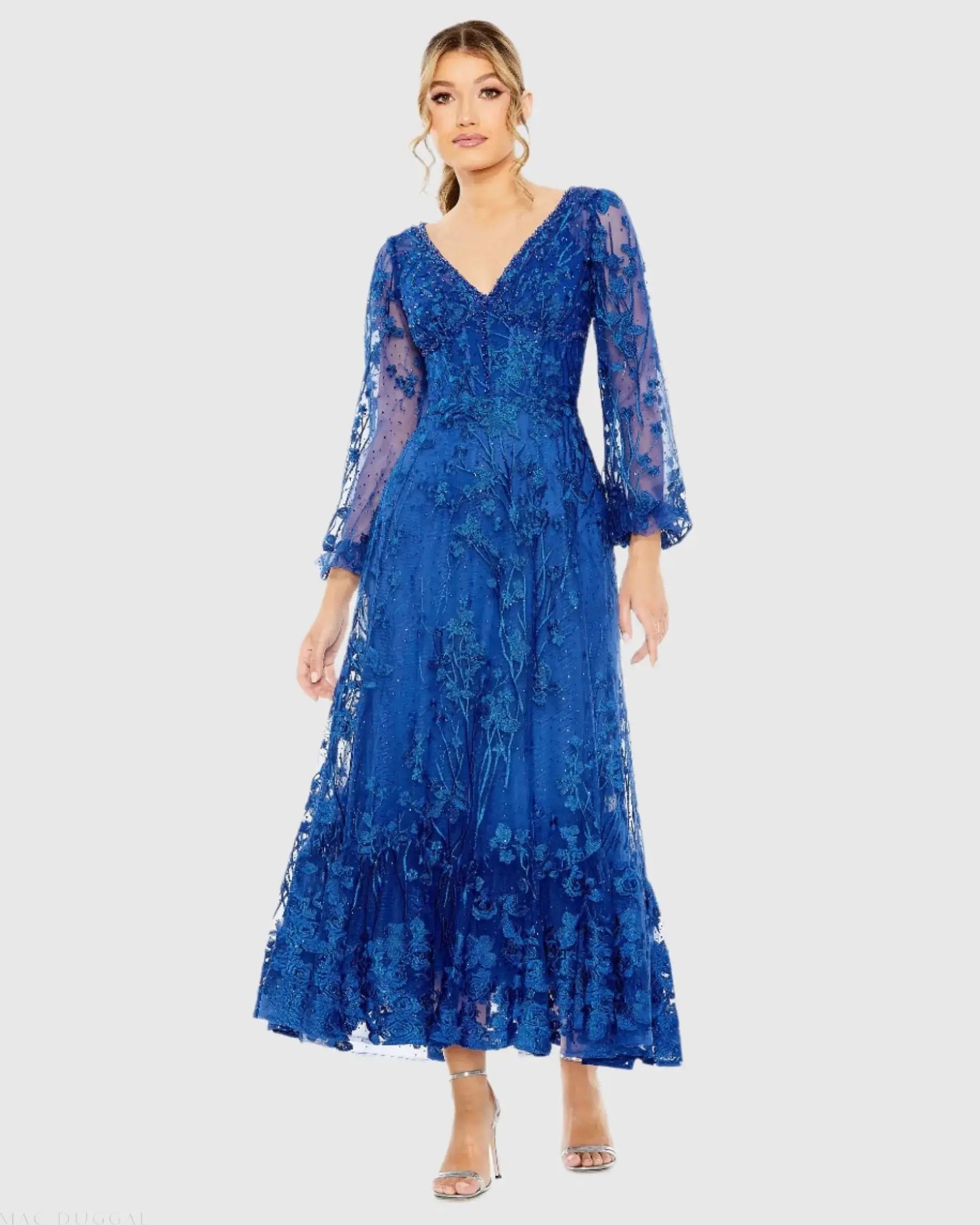 Blue V-Neck Embroidered A-line Tea Length Dress | Mac Duggal Blue V-Neck Embroidered A-line Tea Length Dress | Mac Duggal