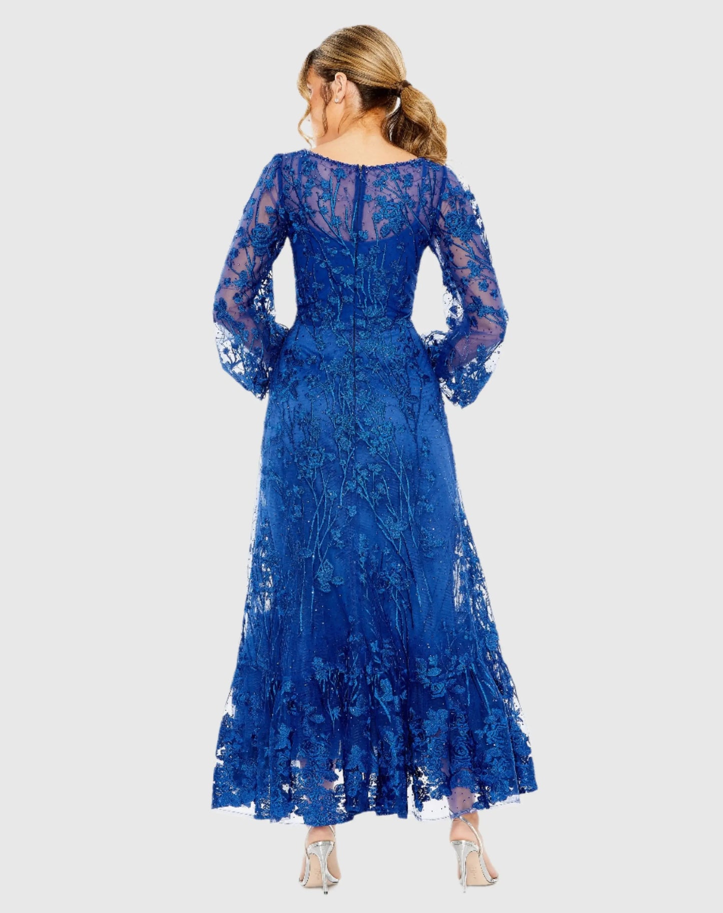 Blue V-Neck Embroidered A-line Tea Length Dress - Mac Duggal