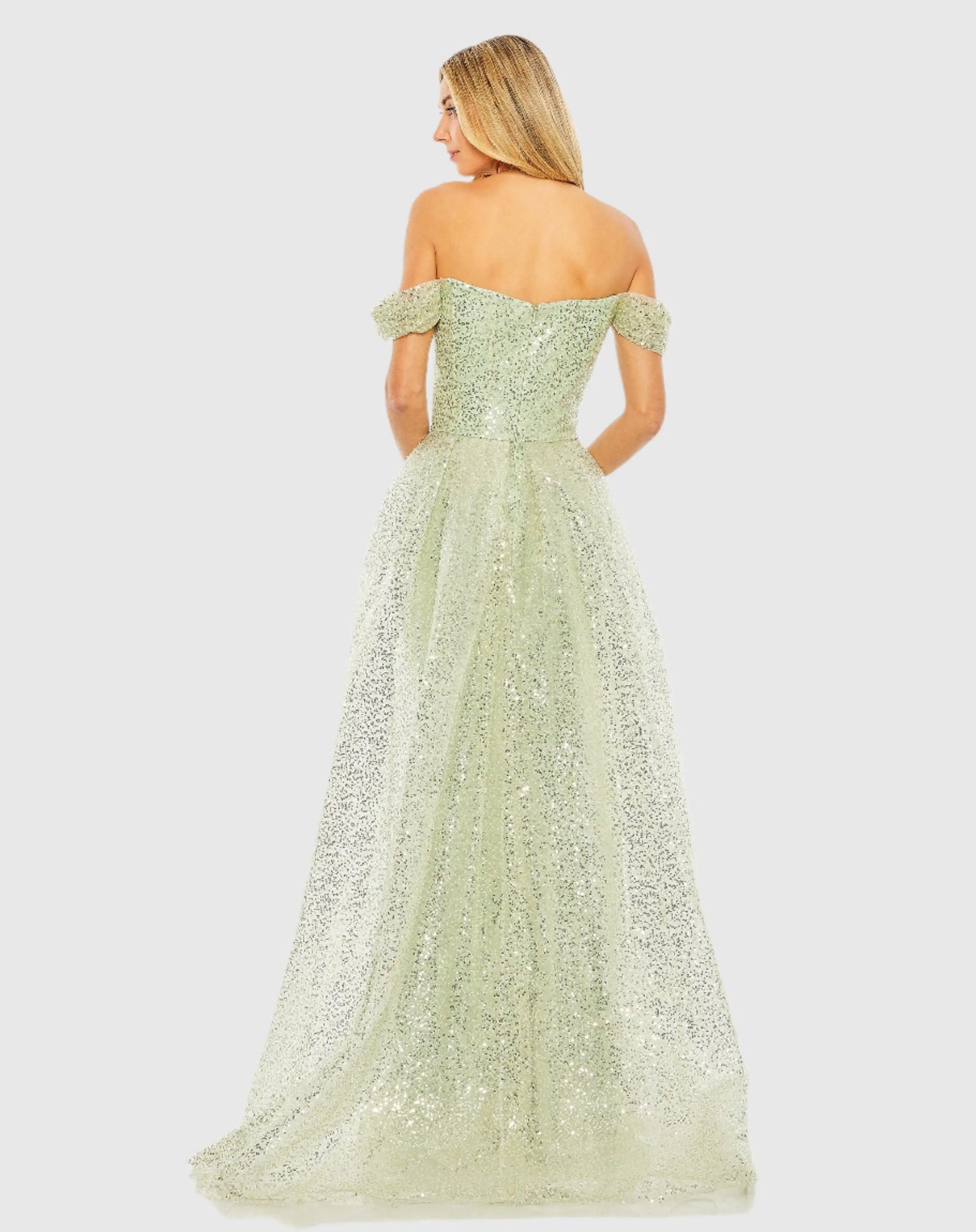 Green Off the Shoulder Sequin Panel Train Gown - Mac Duggal