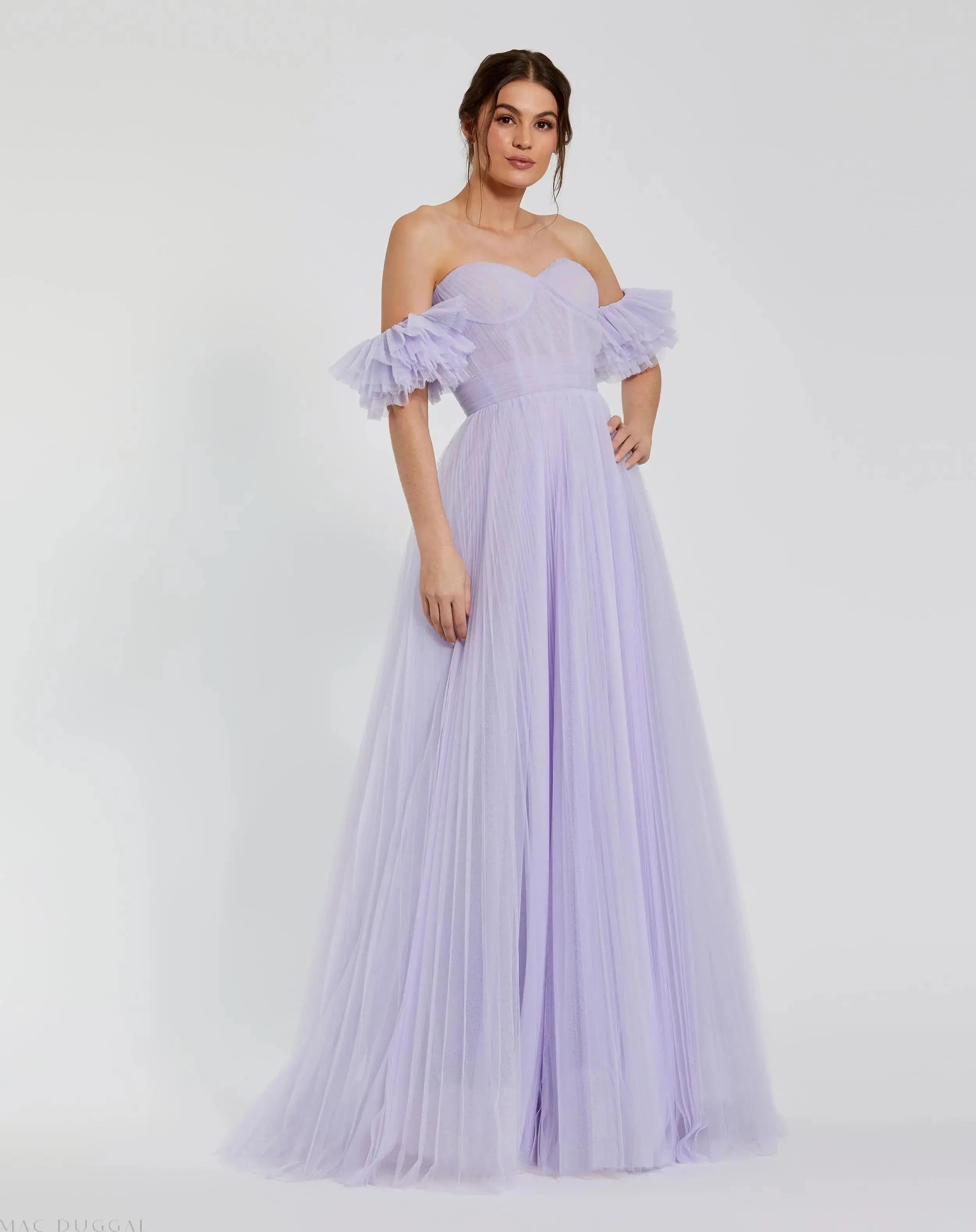 Purple Off The Shoulder Tulle A Line Gown Purple Off The Shoulder Tulle A Line Gown