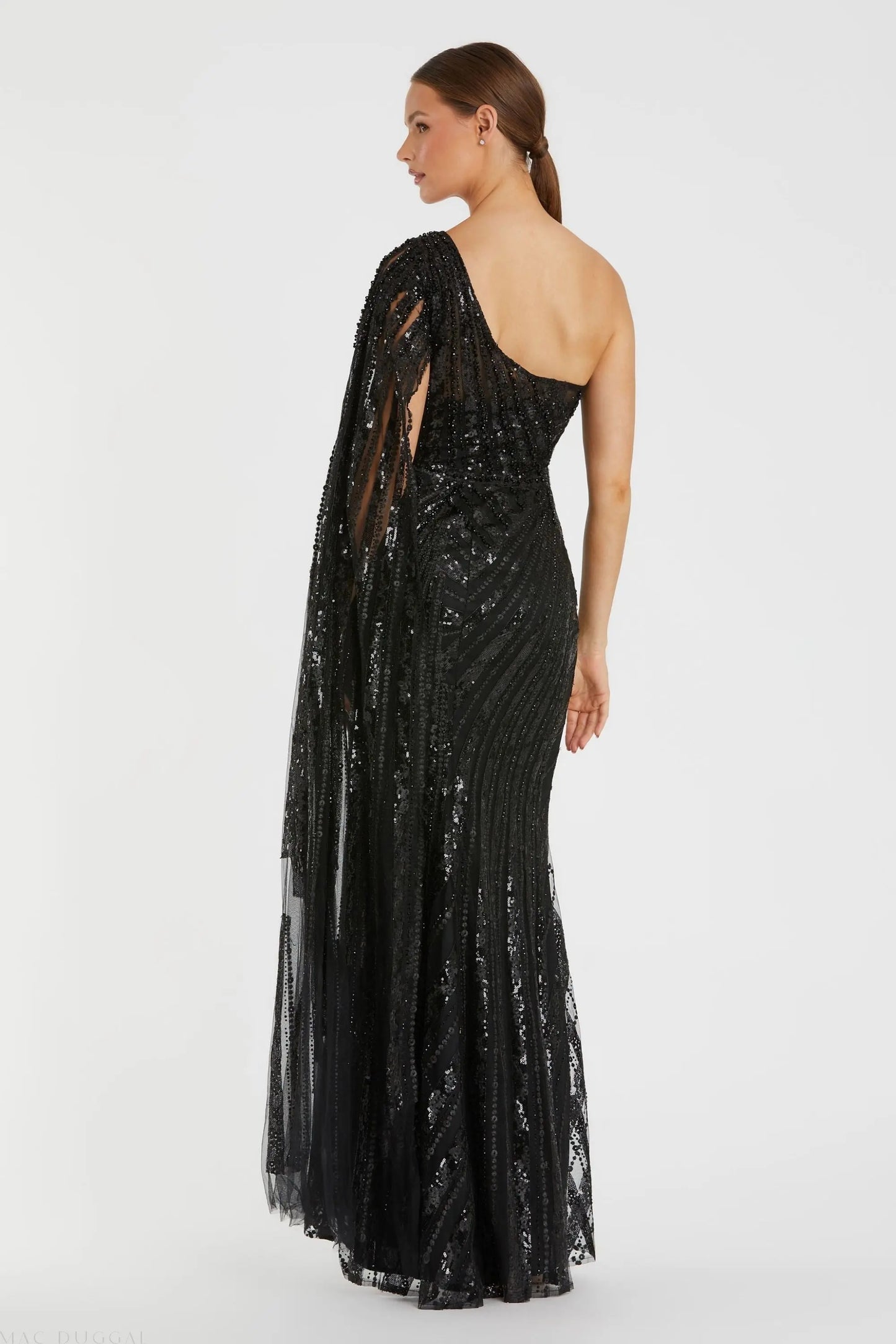 Black One Shoulder Cape Sleeve Embellished Gown - Mac Duggal