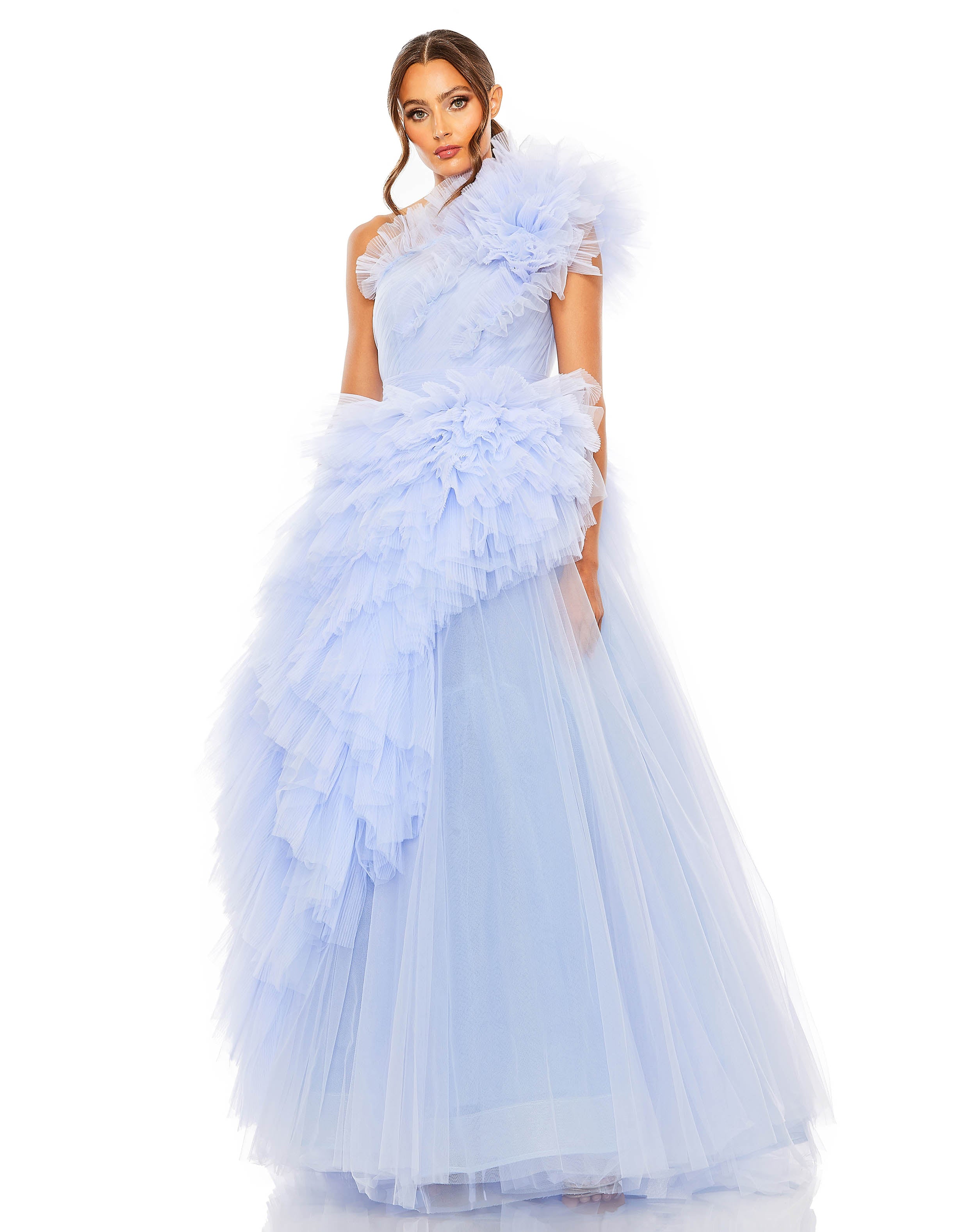 Tulle Ruffled One Shoulder Gown