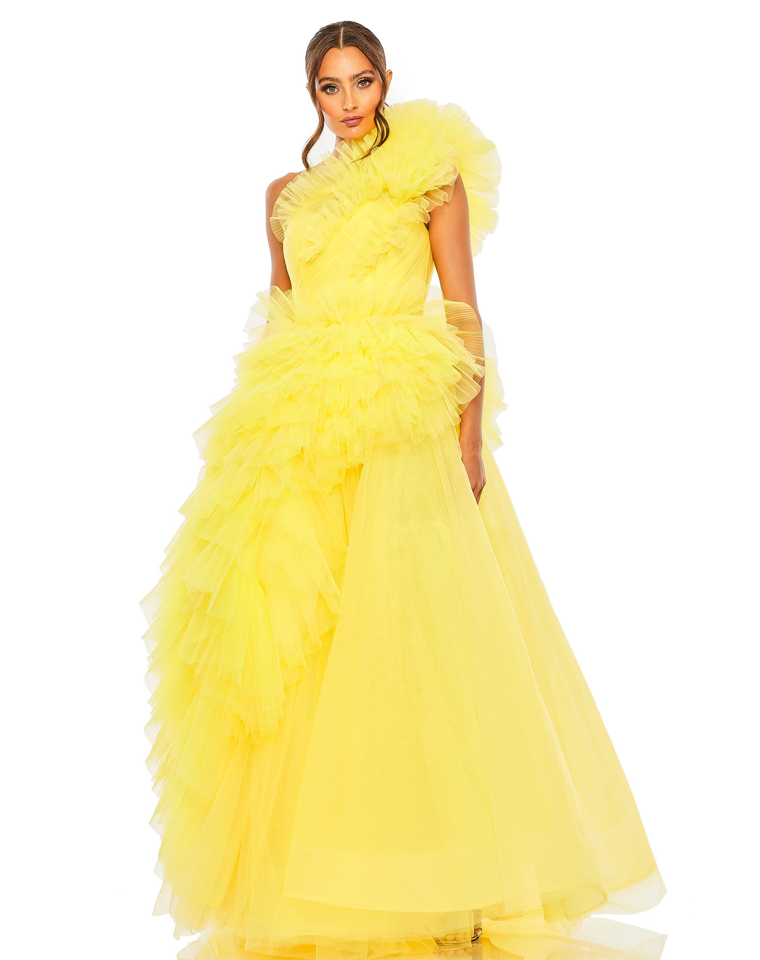 Tulle Ruffled One Shoulder Gown