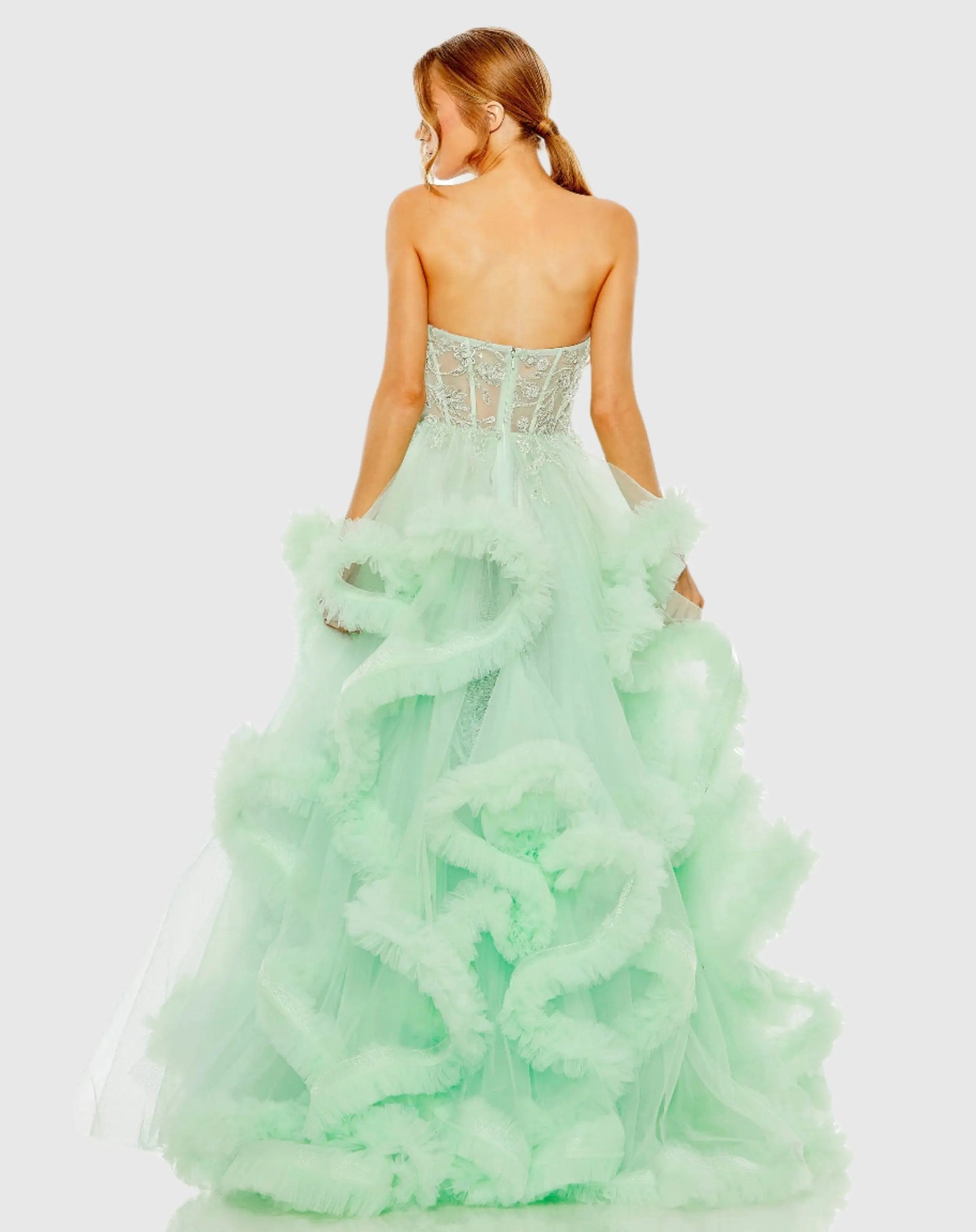 Green Strapless Corset Detail Tulle Layered Gown - Mac Duggal