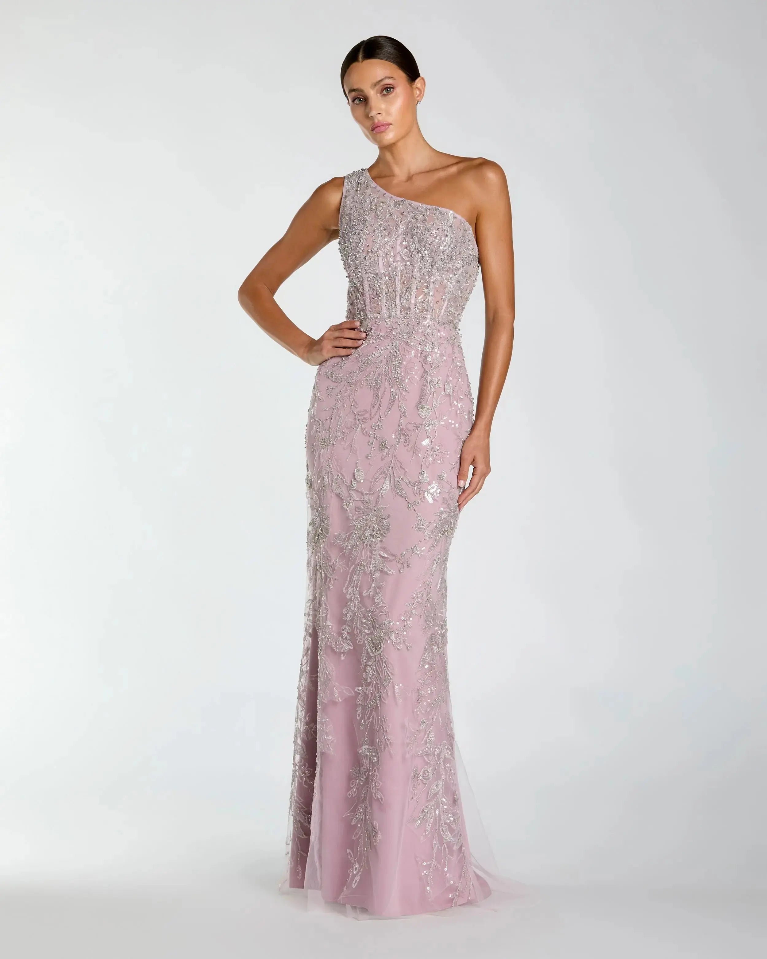 Purple One Shoulder Hand Embellished Evening Gown