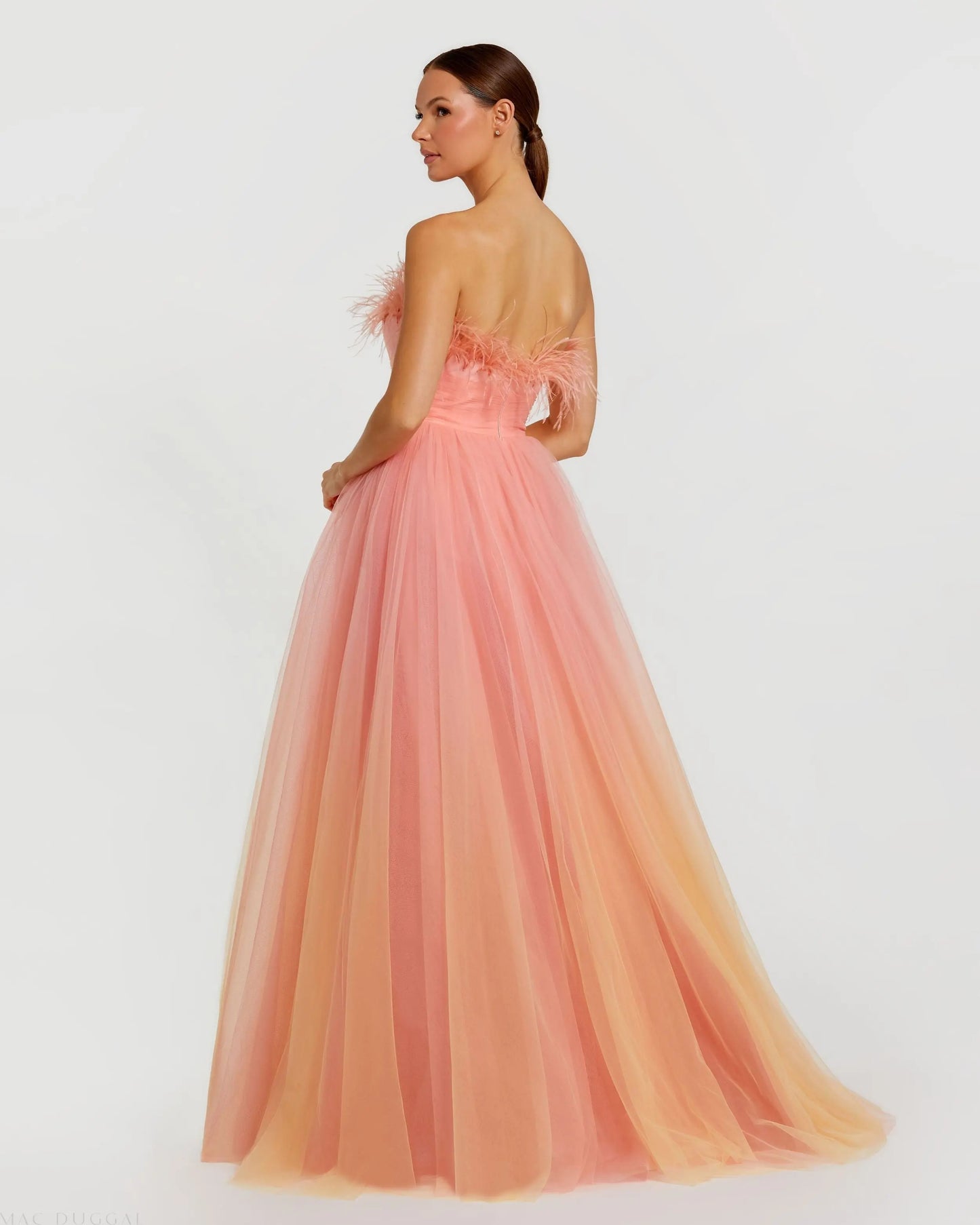 Orange and Pink Ombre Strapless Feather Bodice Tulle Gown Mac Duggal