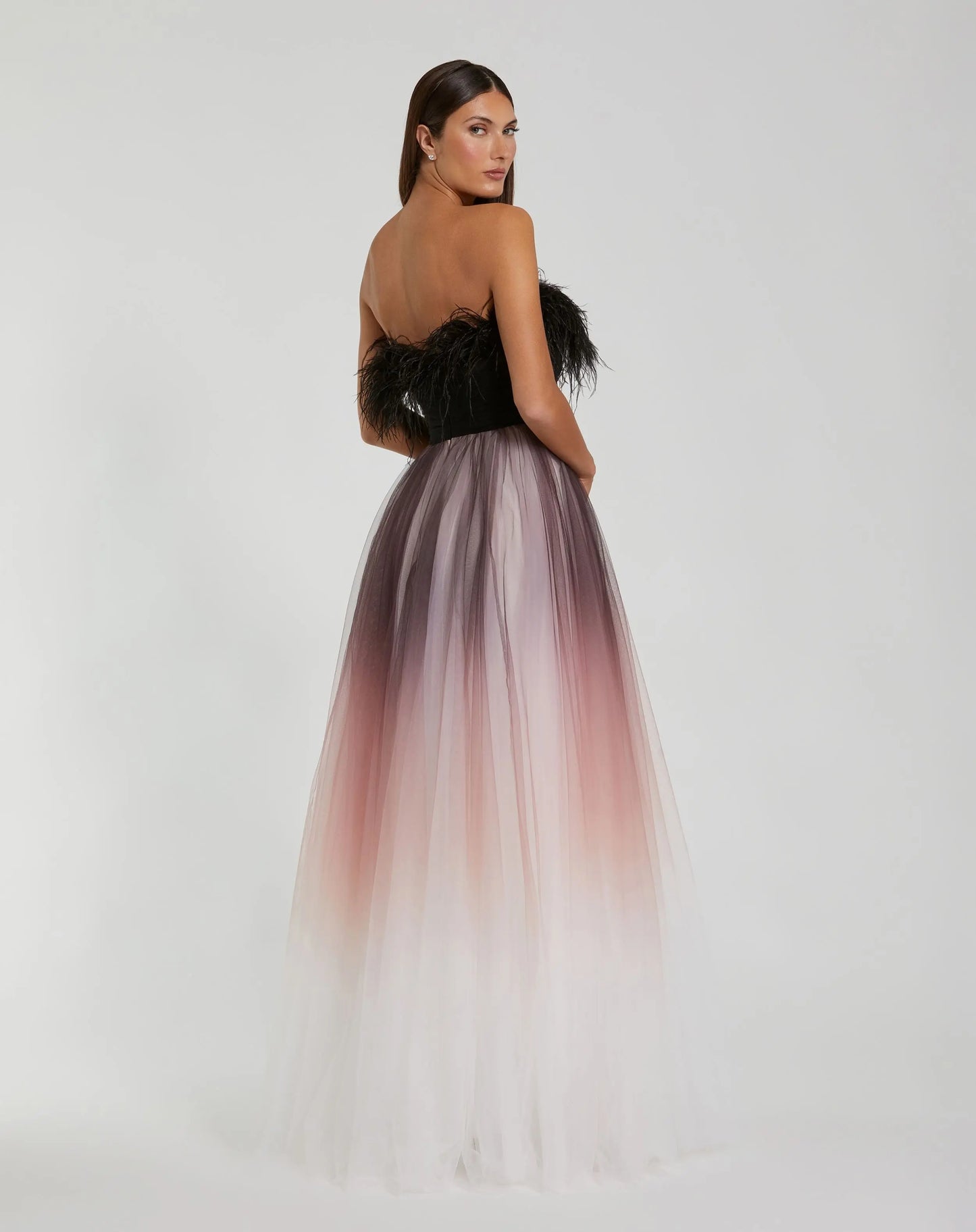 Black Ombre Strapless Feather Bodice Tulle Gown - Mac Duggal