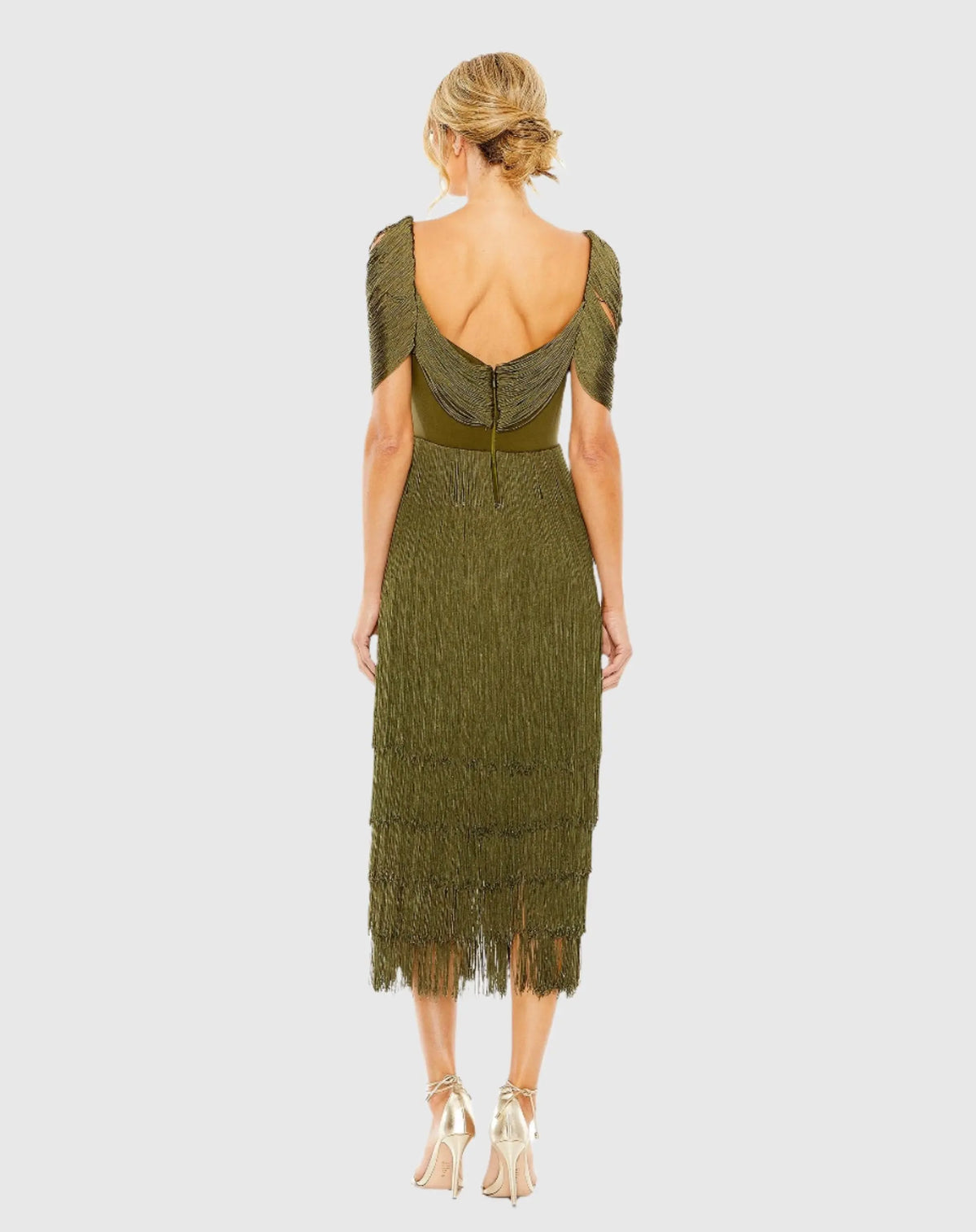 Olive Short Sleeve Fringe Detailed Midi Dress - Mac Duggal