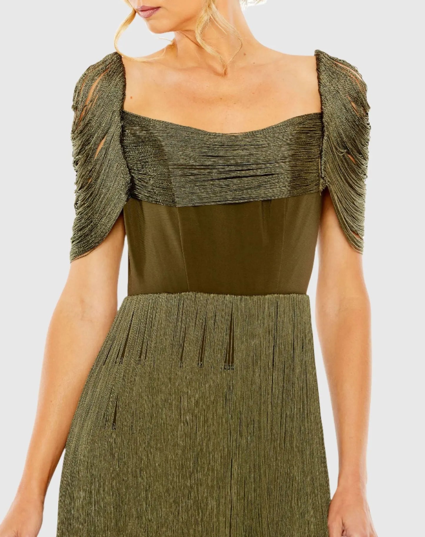 Short Sleeve Fringe Detailed Midi Dress - Mac Duggal