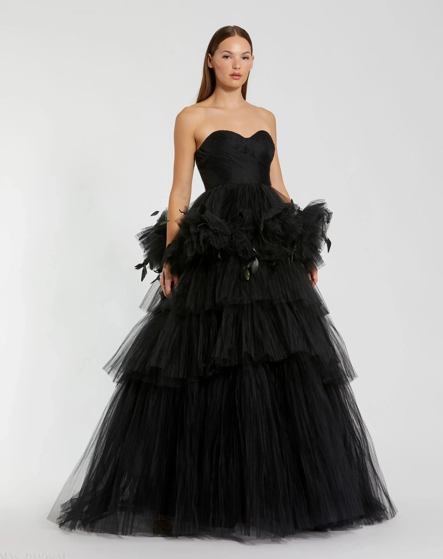 Black Strapless Tulle Gown with Feather Detail - Mac Duggal