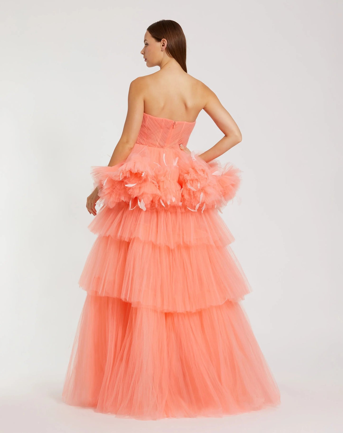 Orange Strapless Tulle Gown with Feather Detail - Mac Duggal
