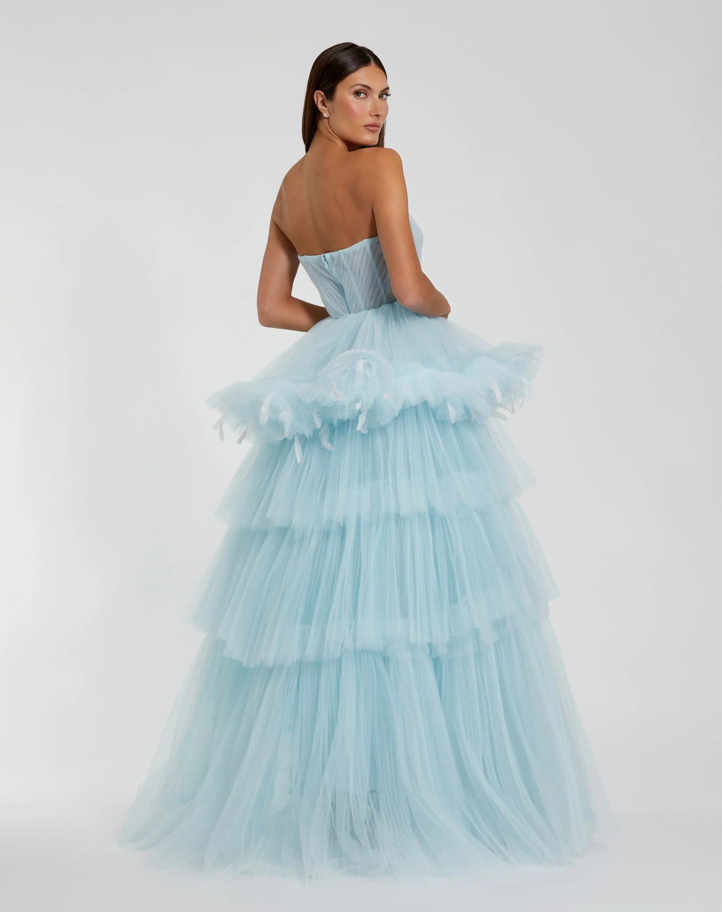 Blue Strapless Tulle Gown with Feather Detail - Mac Duggal