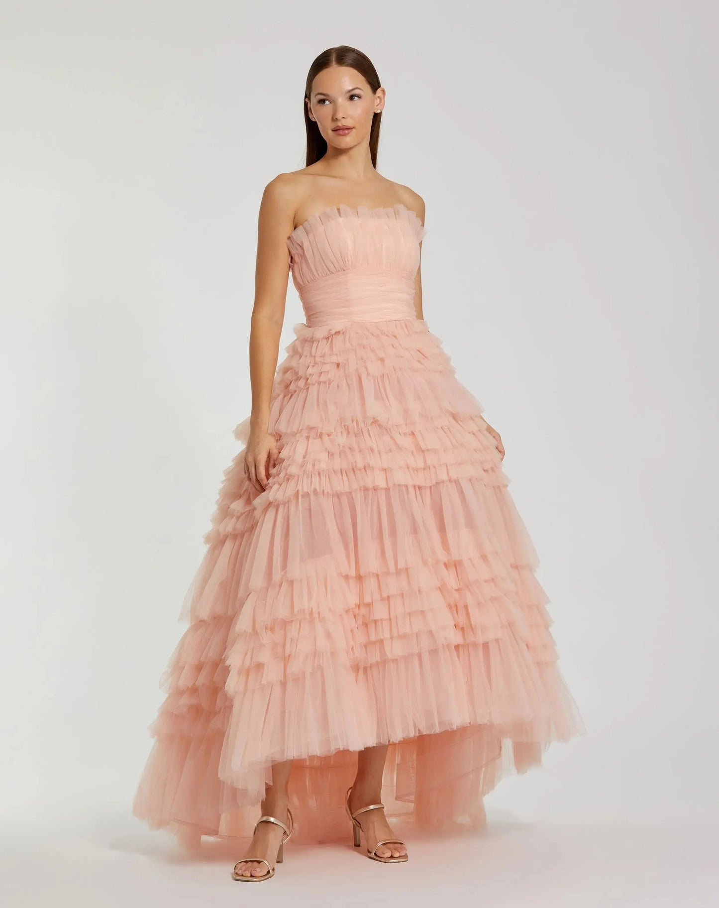 Pink Strapless Tulle Ruffle Gown - Mac Duggal