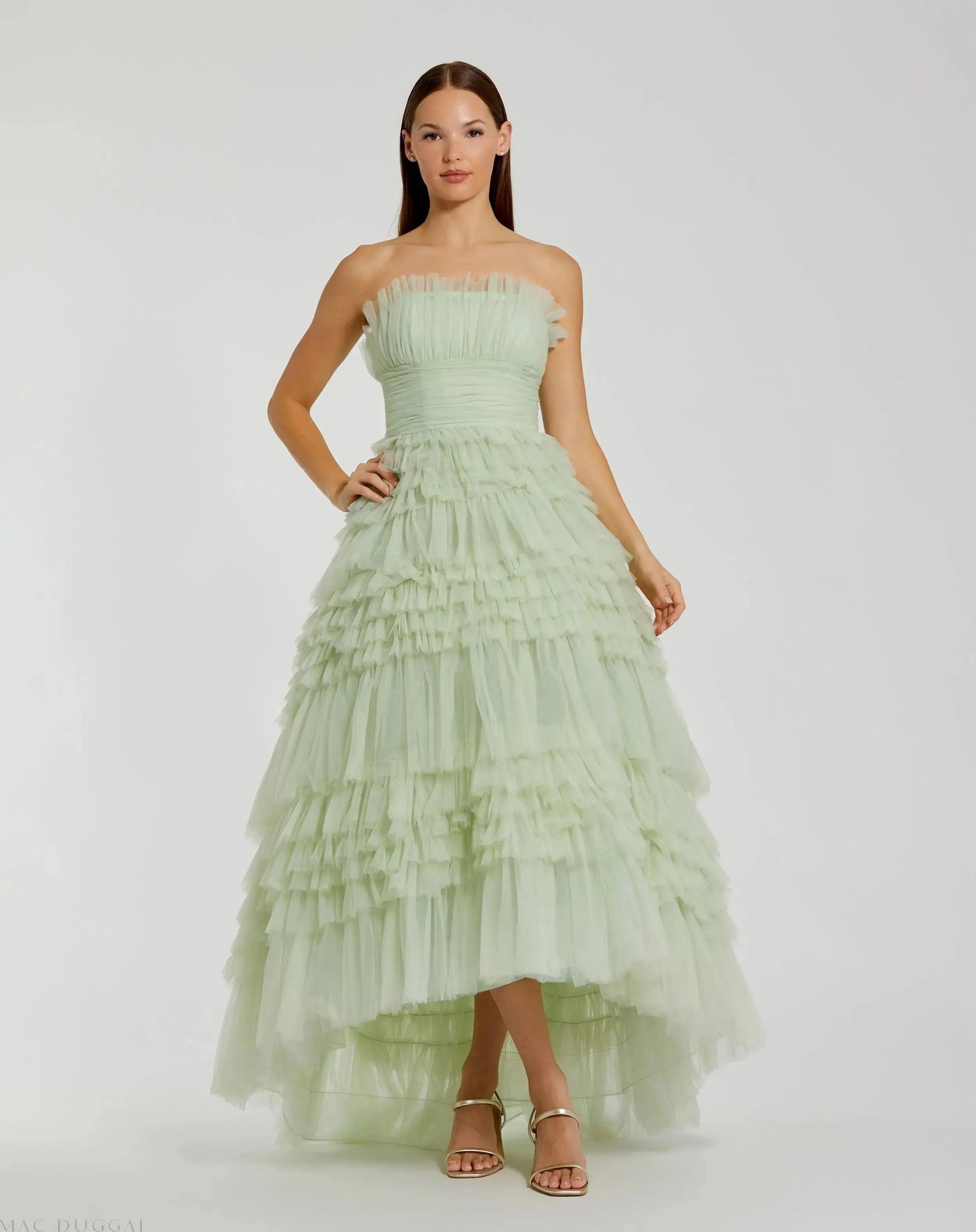 Green Strapless Tulle Ruffle Gown - Mac Duggal