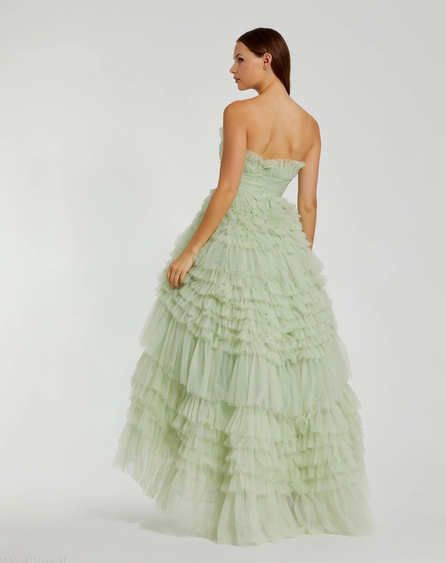 Green Strapless Tulle Ruffle Gown - Mac Duggal