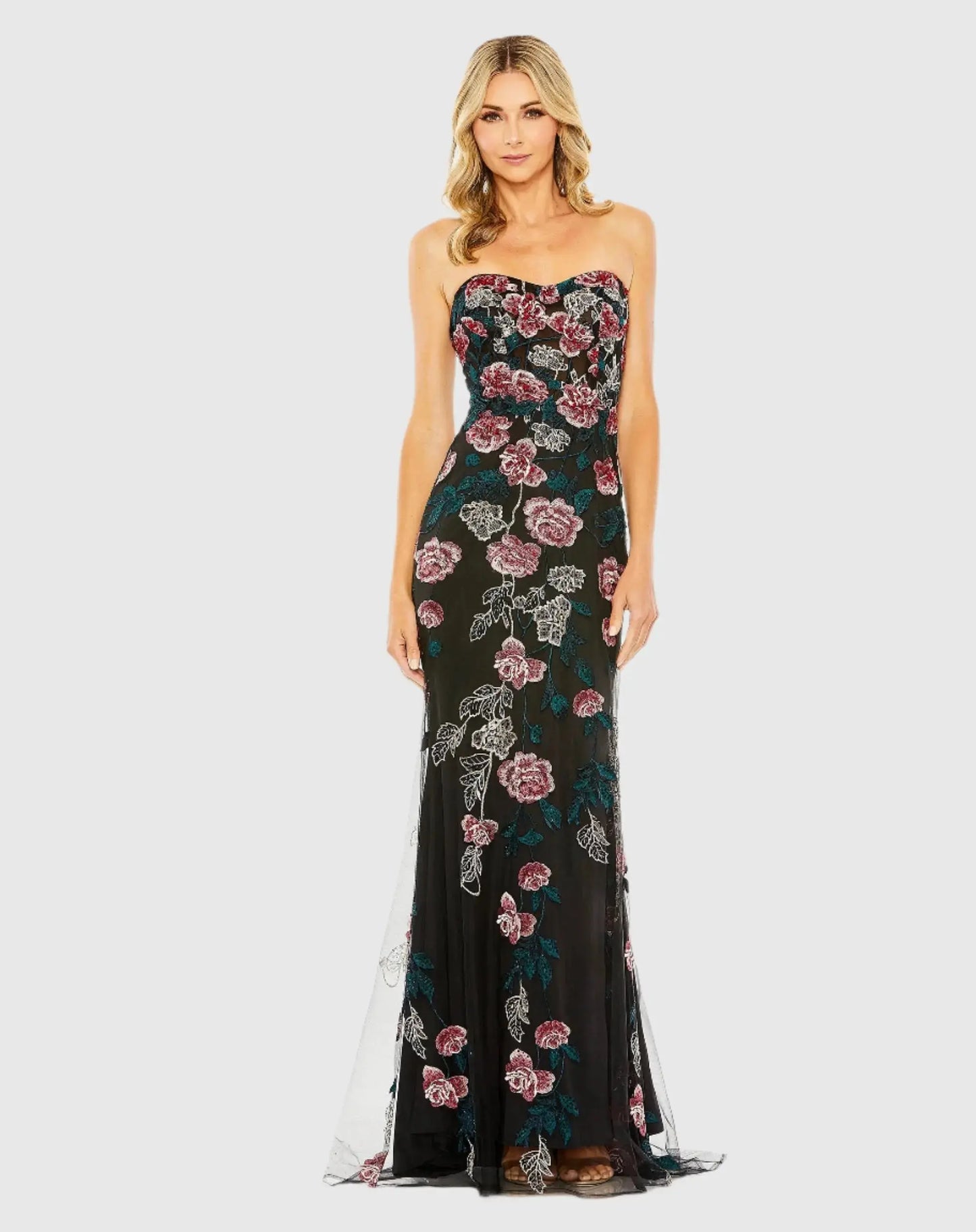 Black Strapless Floral Embroidered Gown