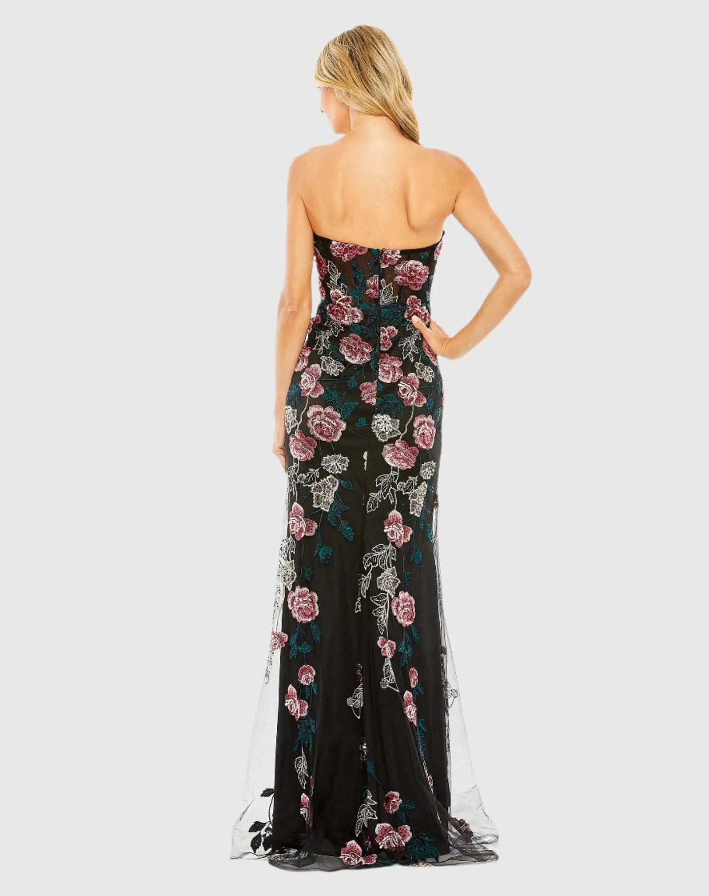 Black Strapless Floral Embroidered Gown - Mac Duggal