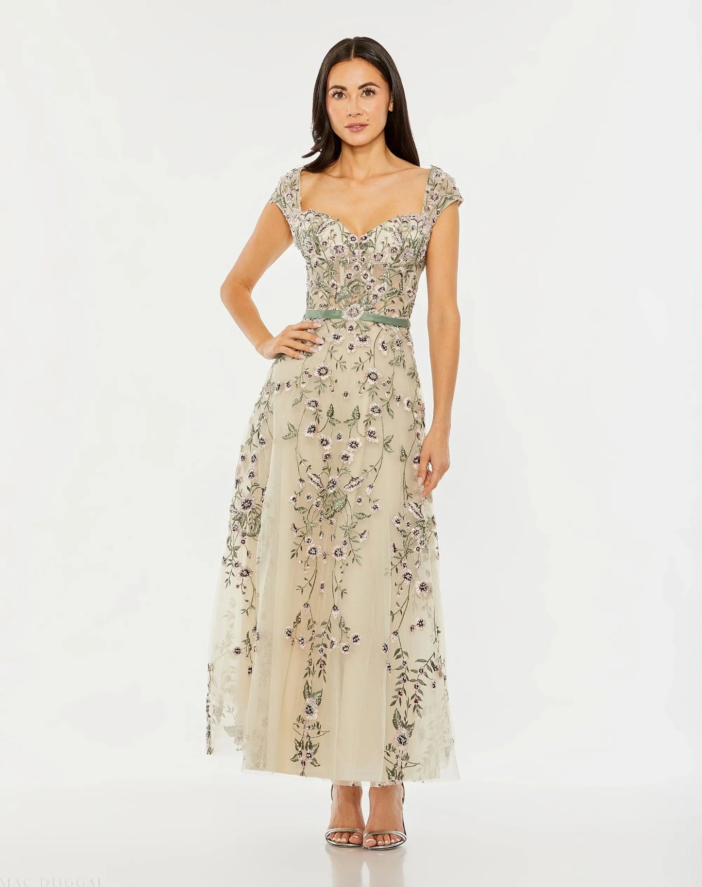 Ivory Floral Embroidered Sweetheart Neckline Midi Dress - Mac Duggal