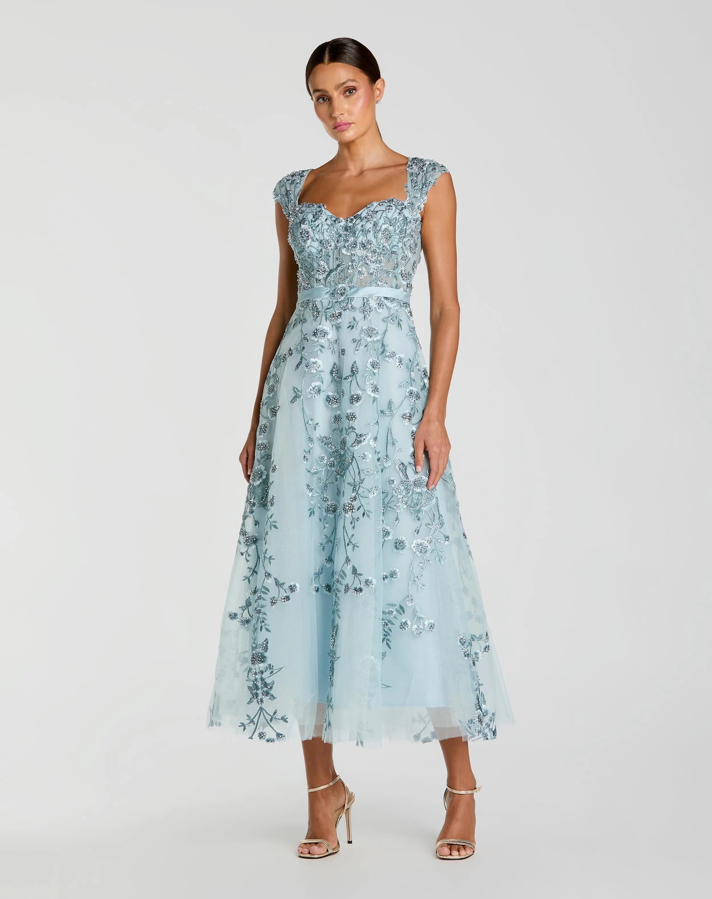 Blue Floral Embroidered Sweetheart Neckline Midi Dress