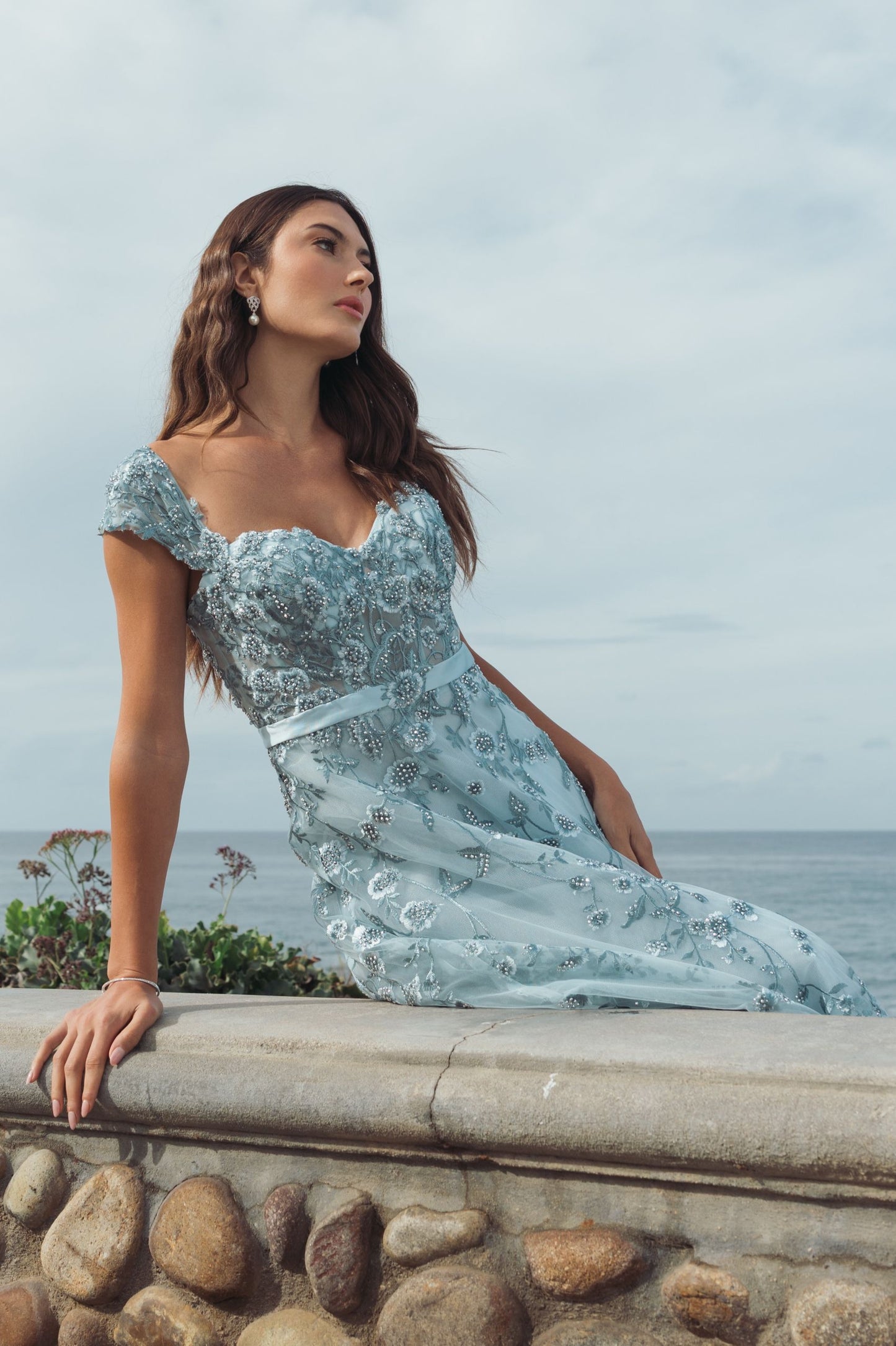 Blue Floral Embroidered Sweetheart Neckline Midi Dress - Mac Duggal