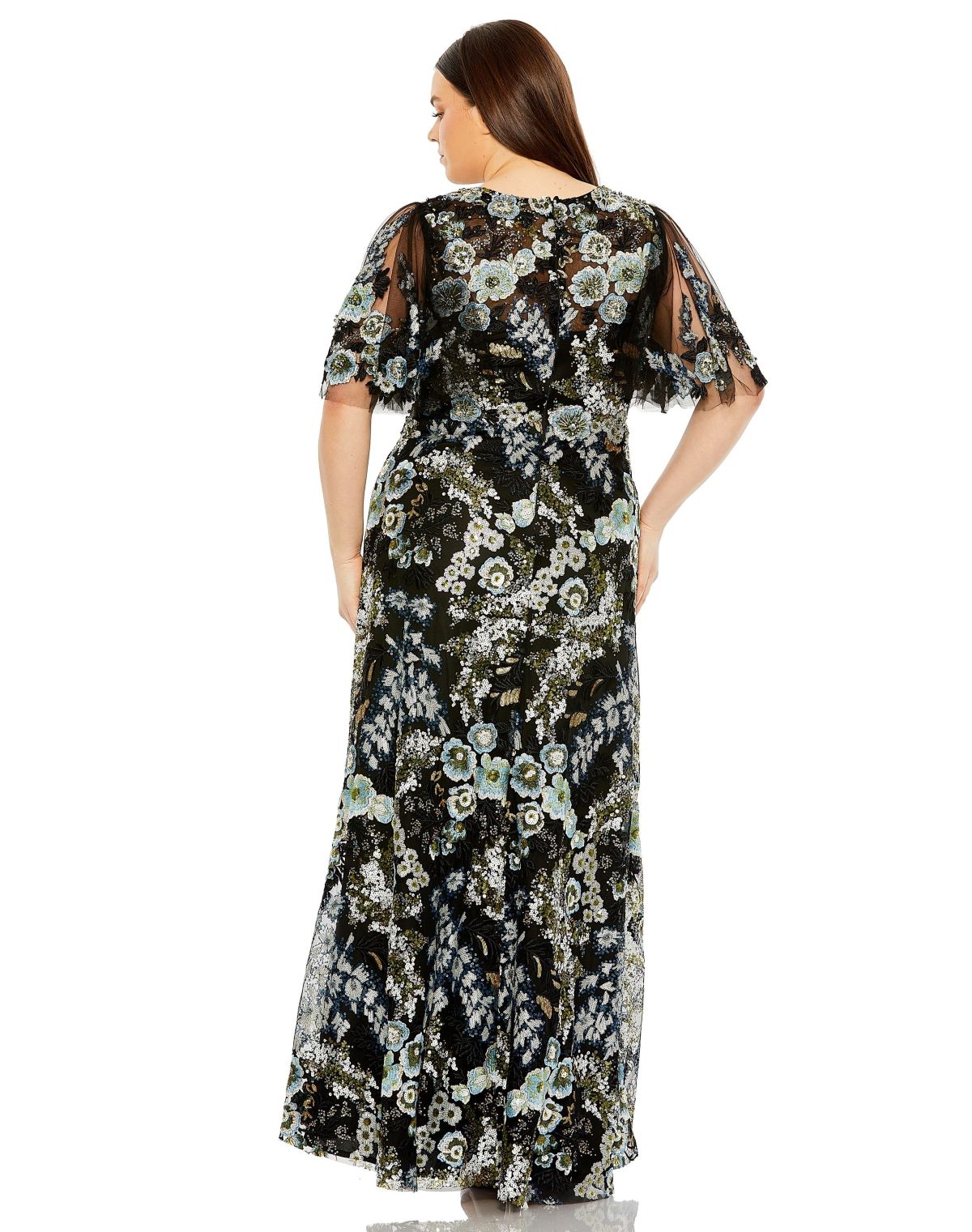 Sheer Sleeve V Neck Floral Embroidered Gown