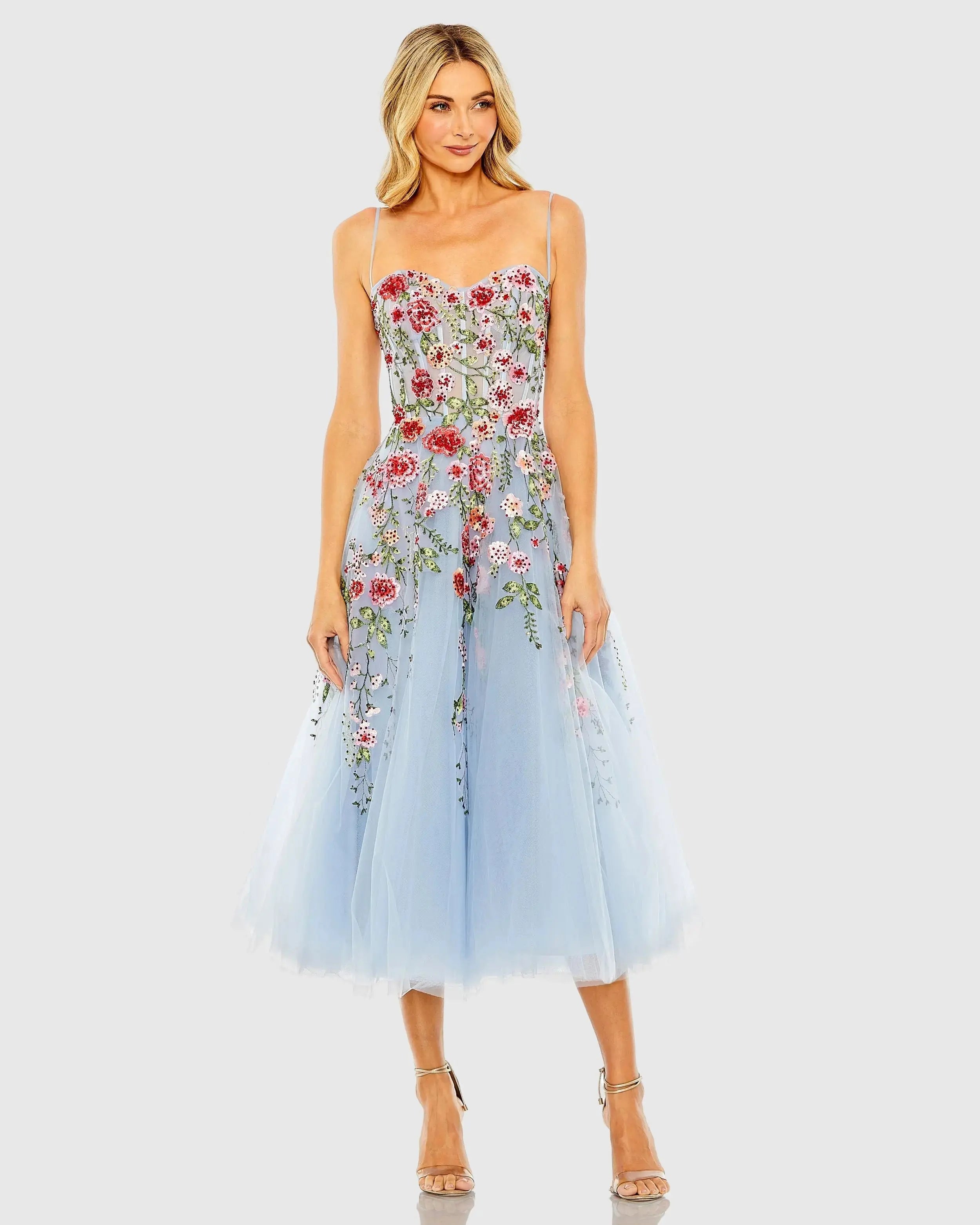 Blue Bustier Embroidered Floral A-Line Dress Blue Bustier Embroidered Floral A-Line Dress